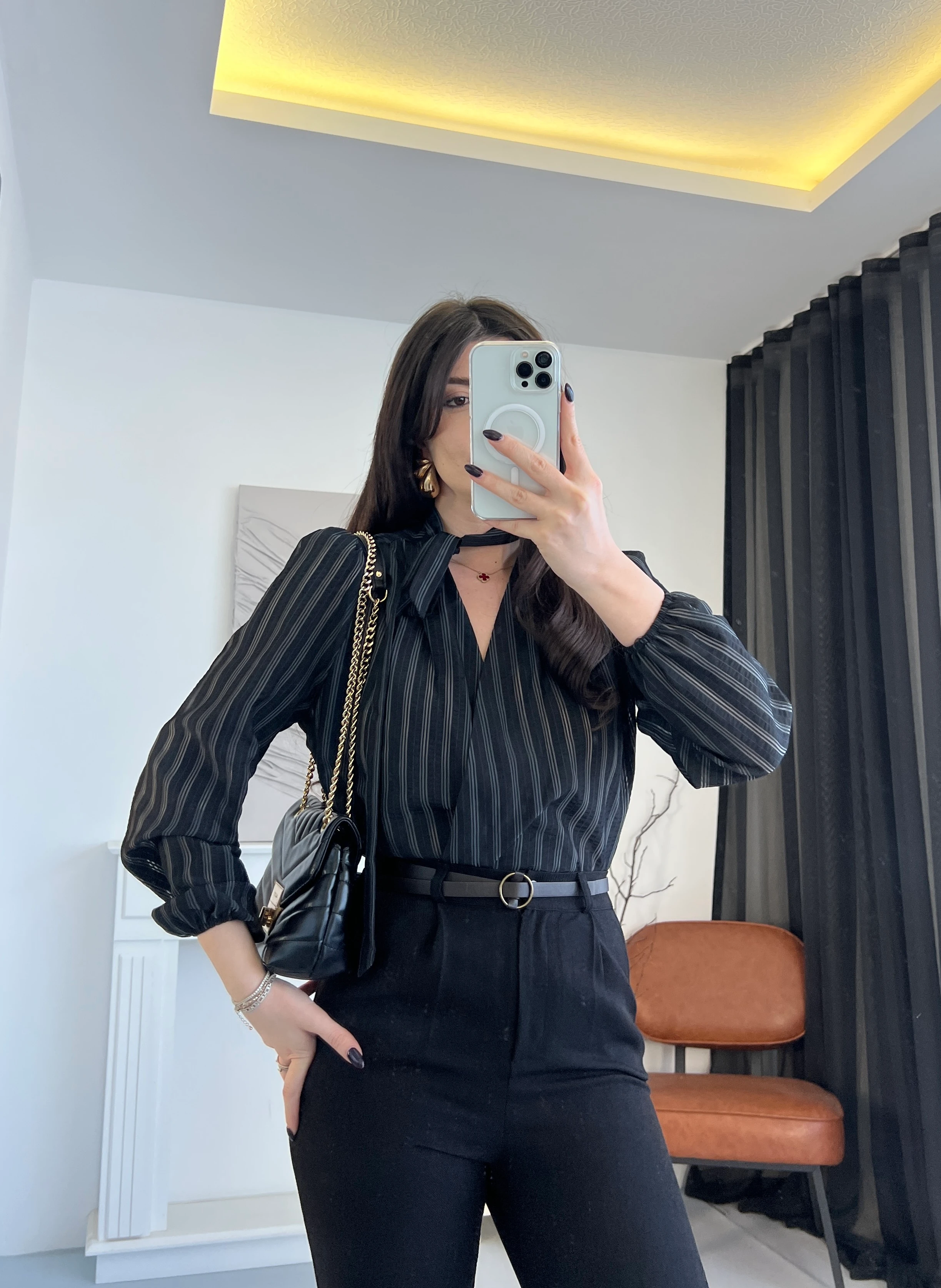 Çizgili Bağlama Detaylı Kruvaze Bluz