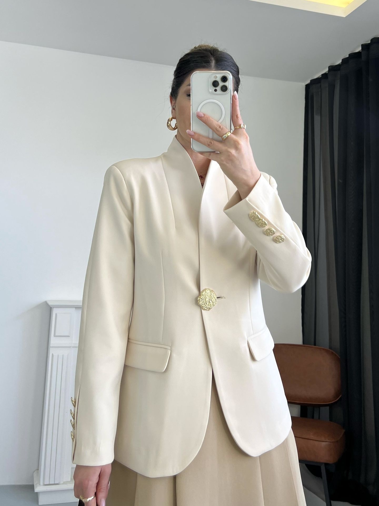 Taş Gold Düğme Detay Blazer Ceket