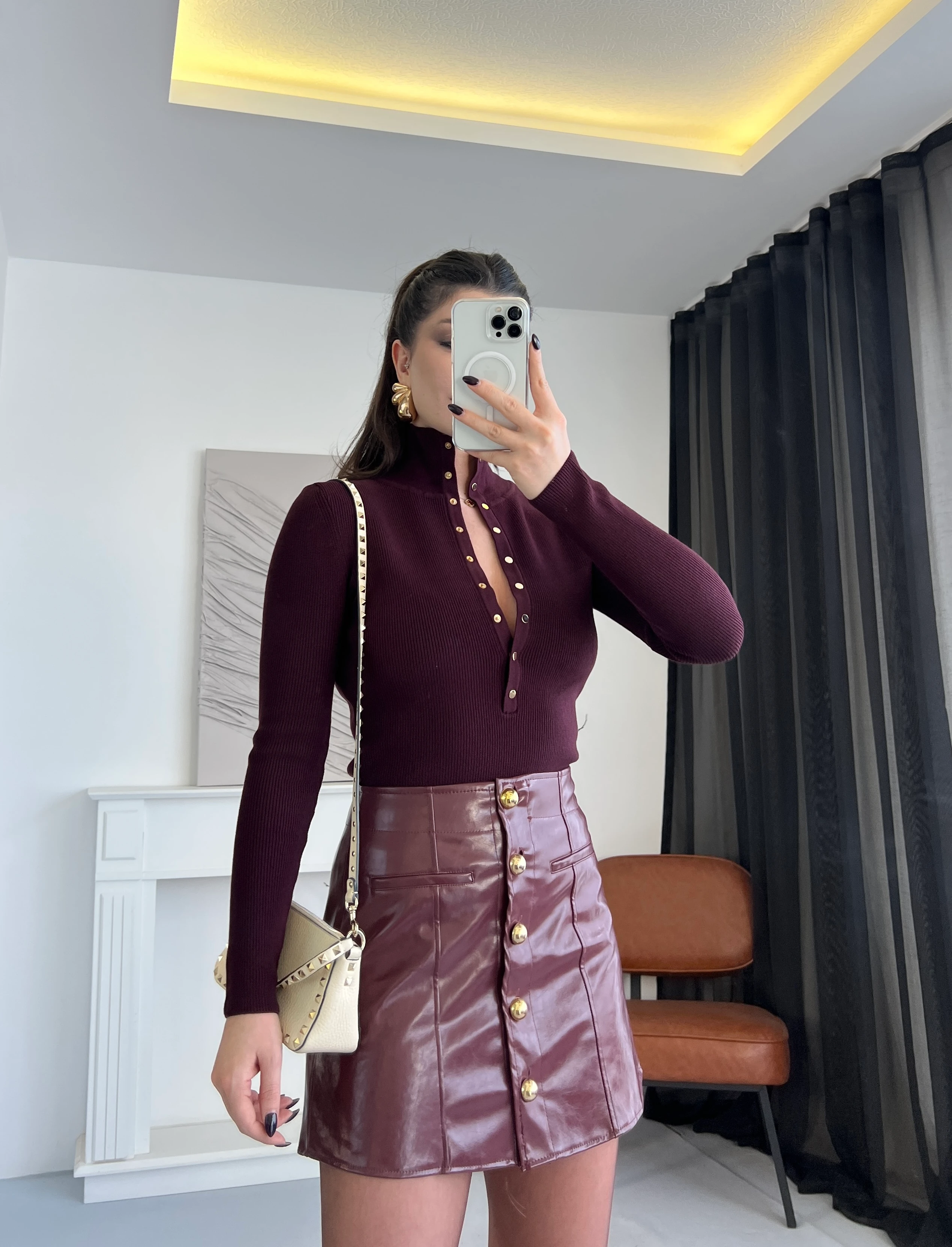 Düğme Detaylı Deri Etek - Bordo