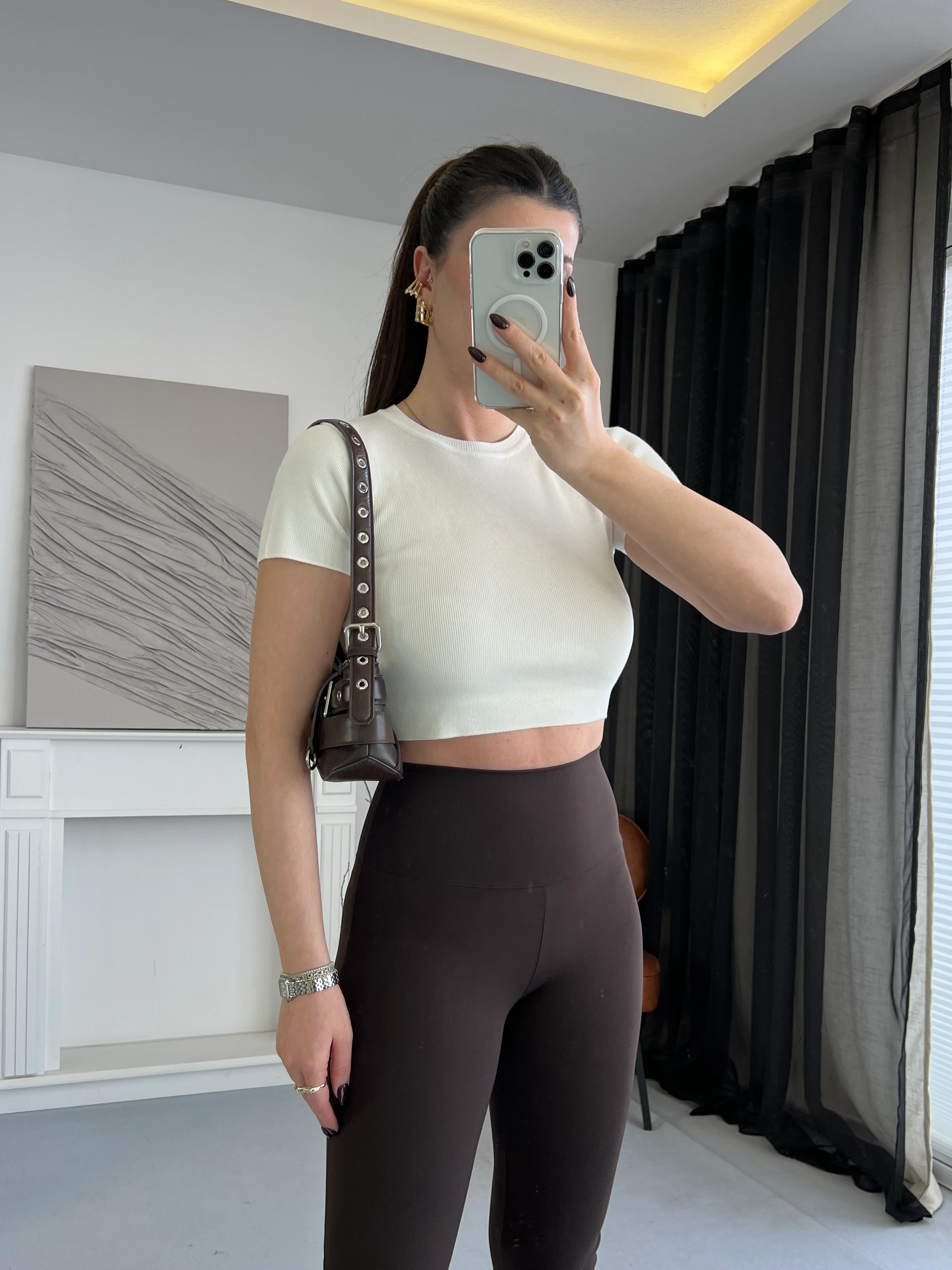 Basic Bisiklet Yaka Crop Top - Ekru