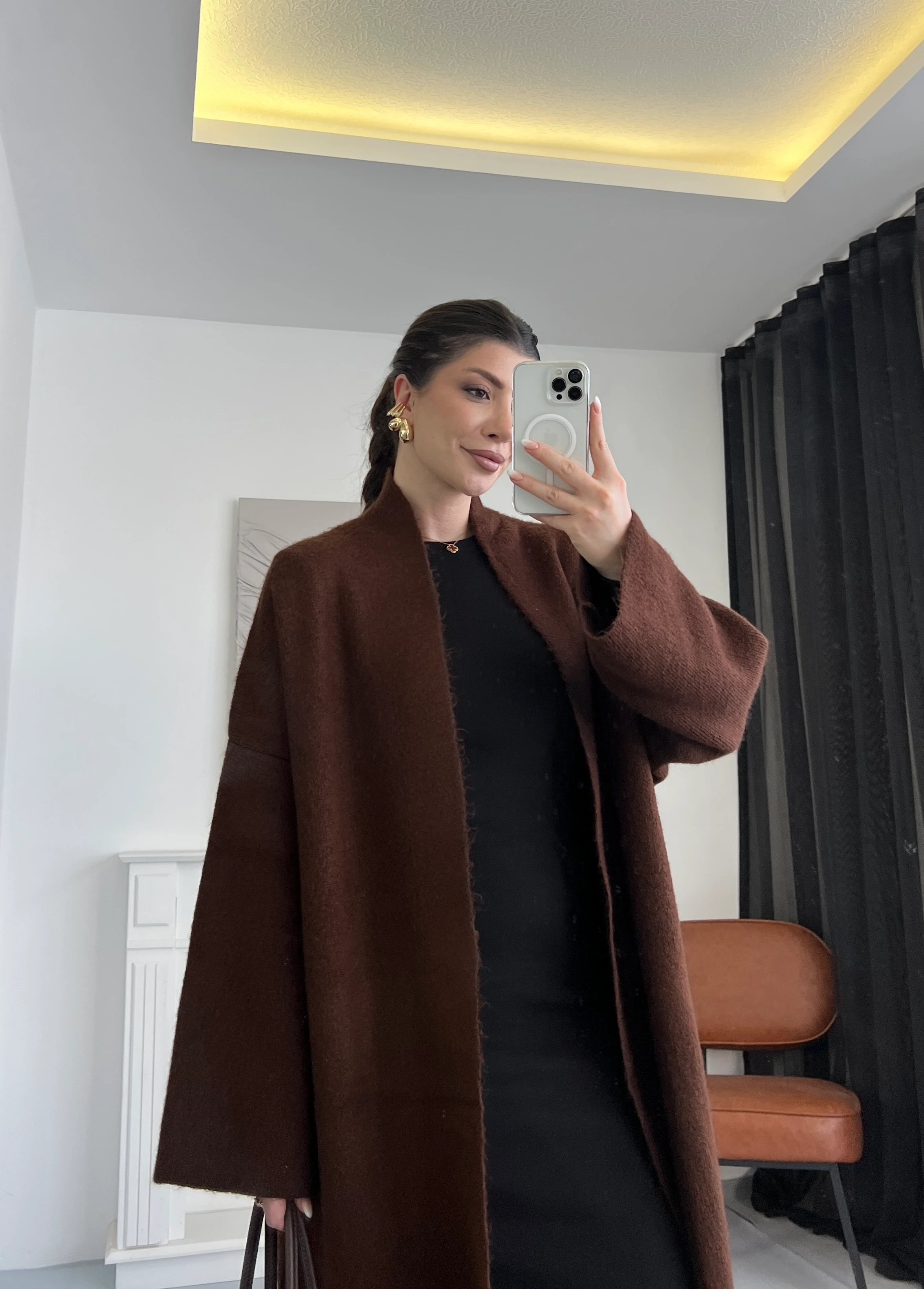 Uzun Oversize Hırka - Kahverengi