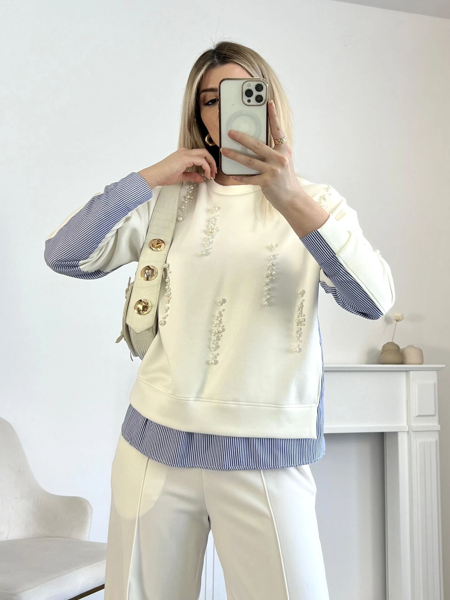 İnci Ve Gömlek Detay Tasarım Sweatshirt