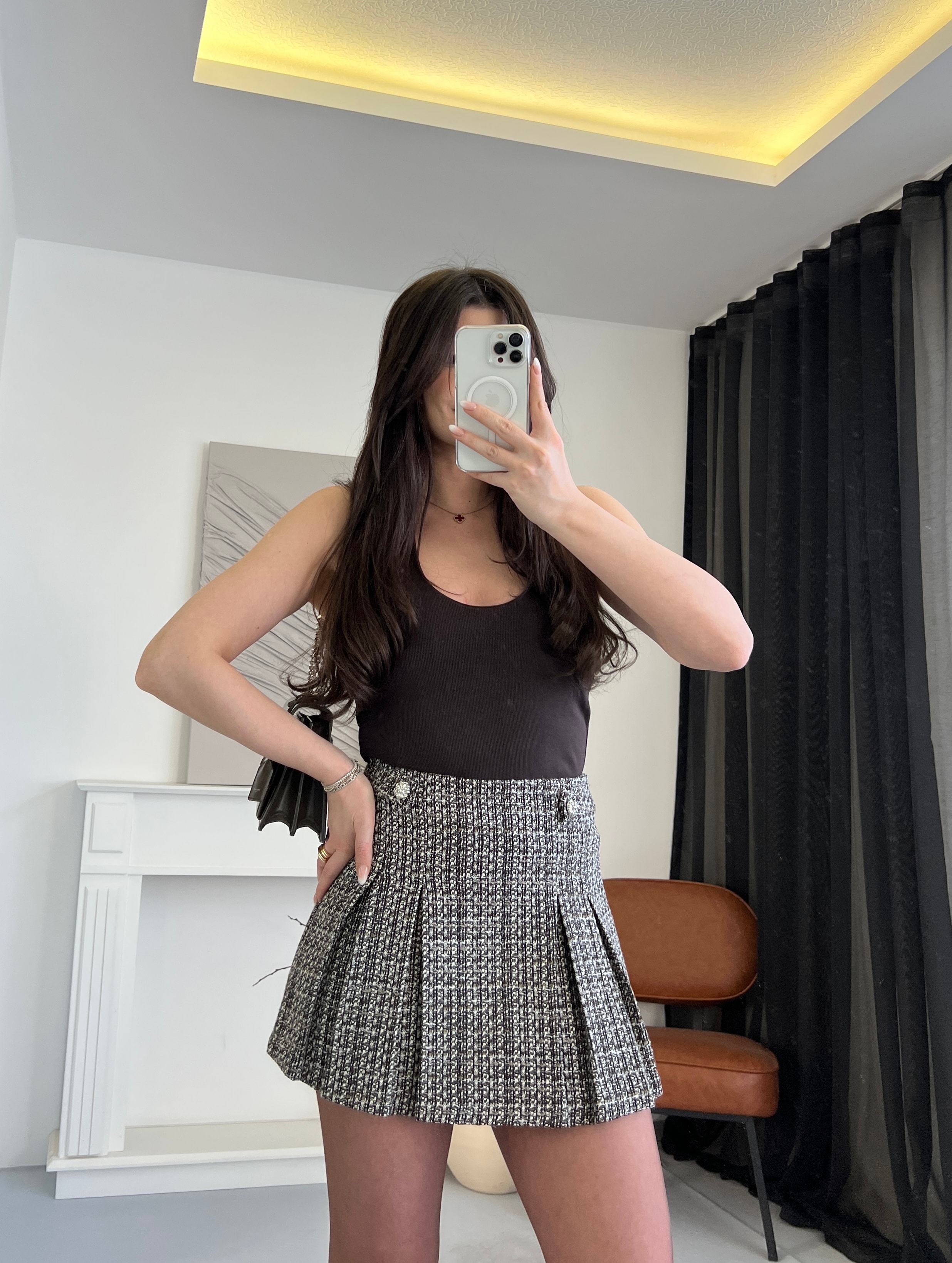 Tüvit Kumaş Yüksek Bel Pileli Mini Etek