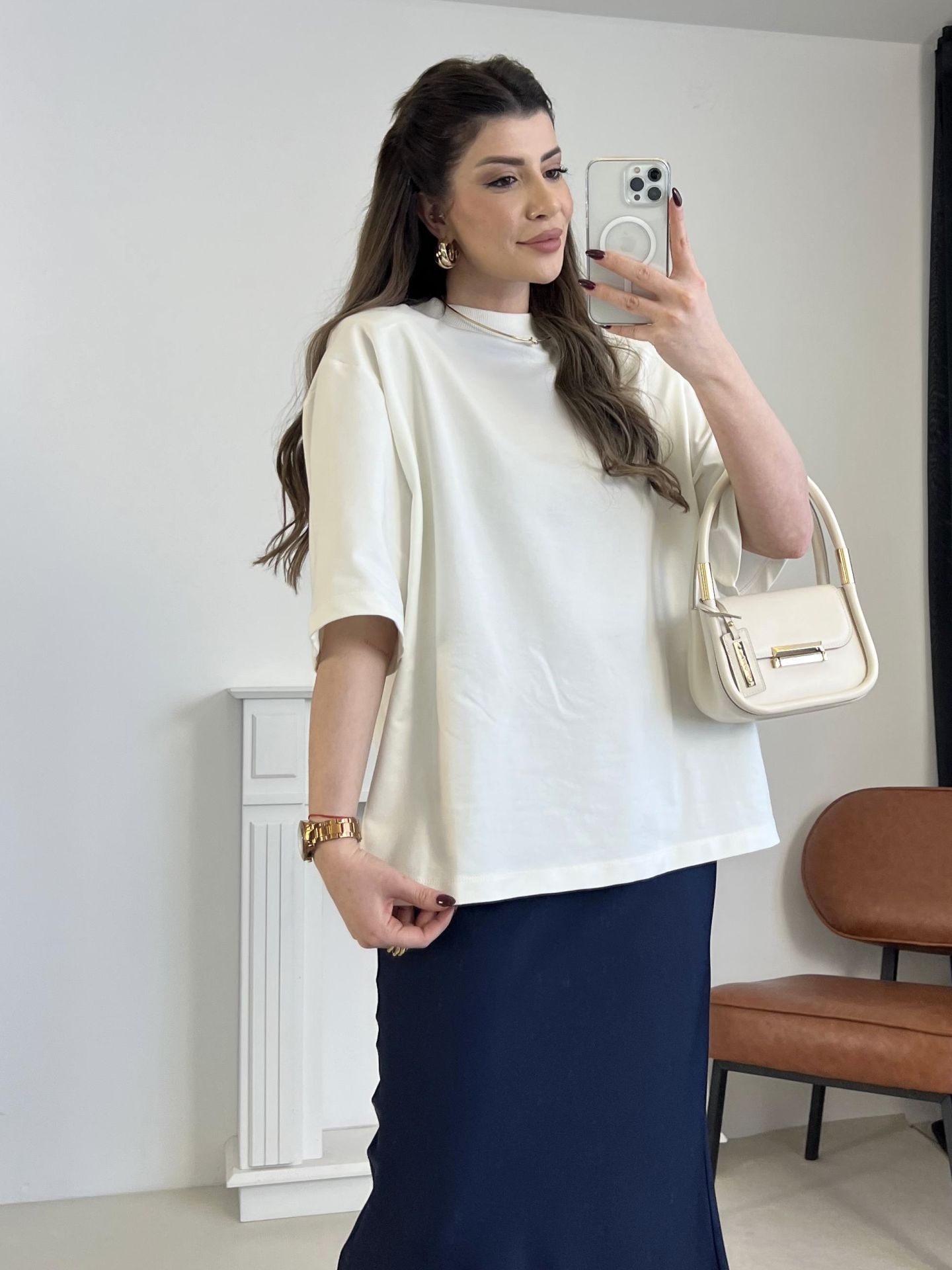 Ekru Vatkalı Oversize Tişört