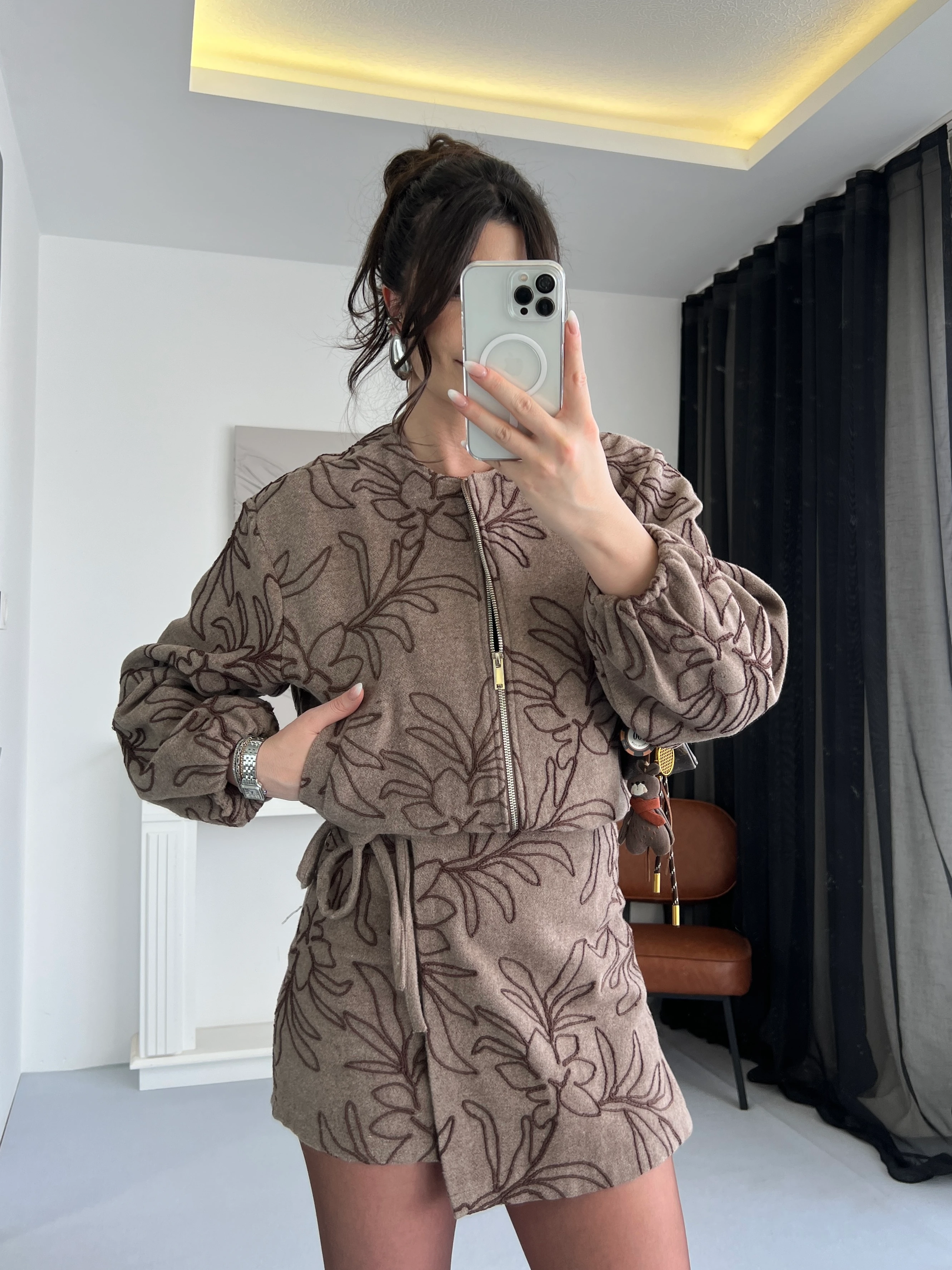 Desenli Fermuarlı Ceket