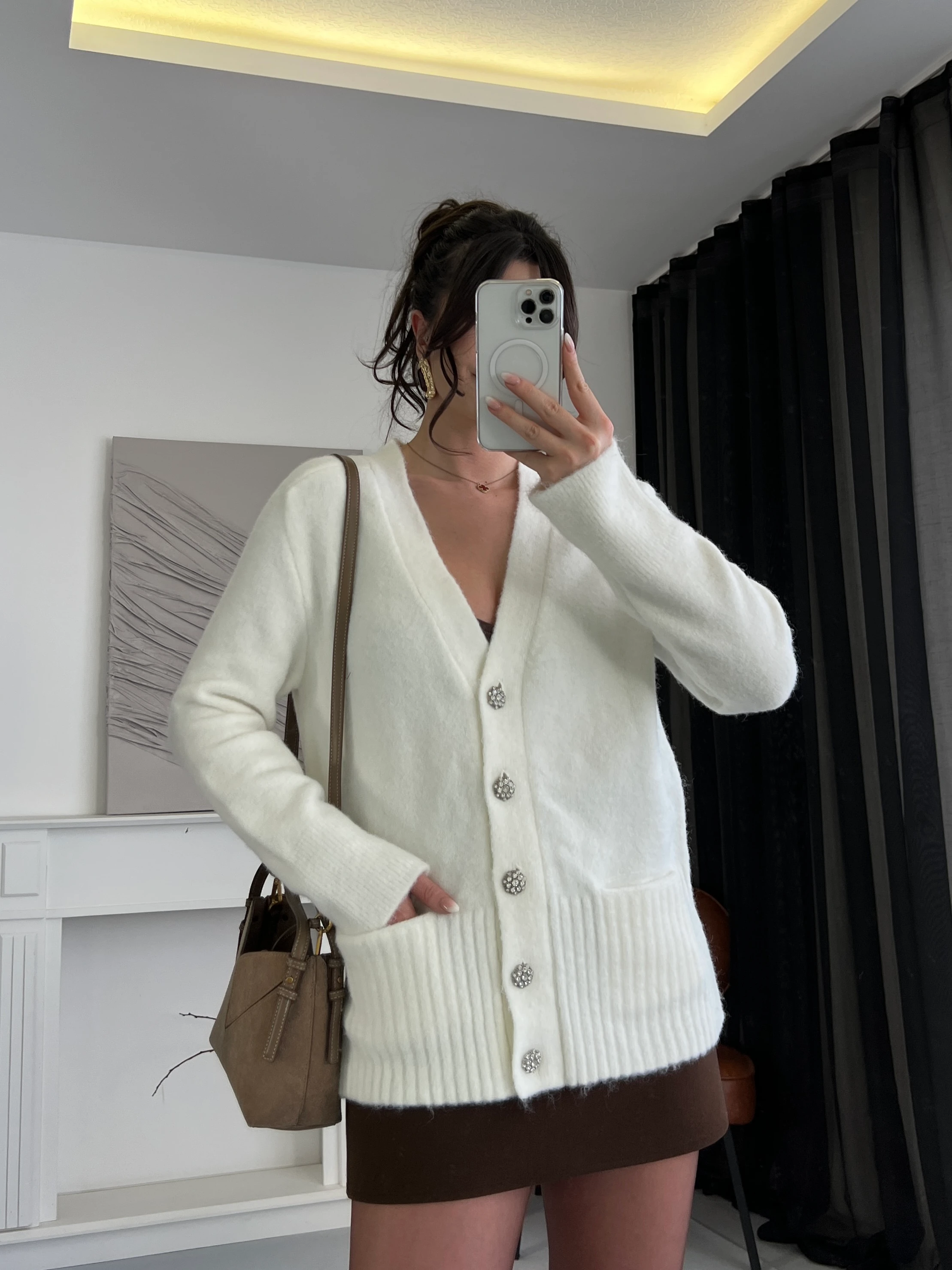 Parlak Taş Detaylı Örgü Hırka - Beyaz