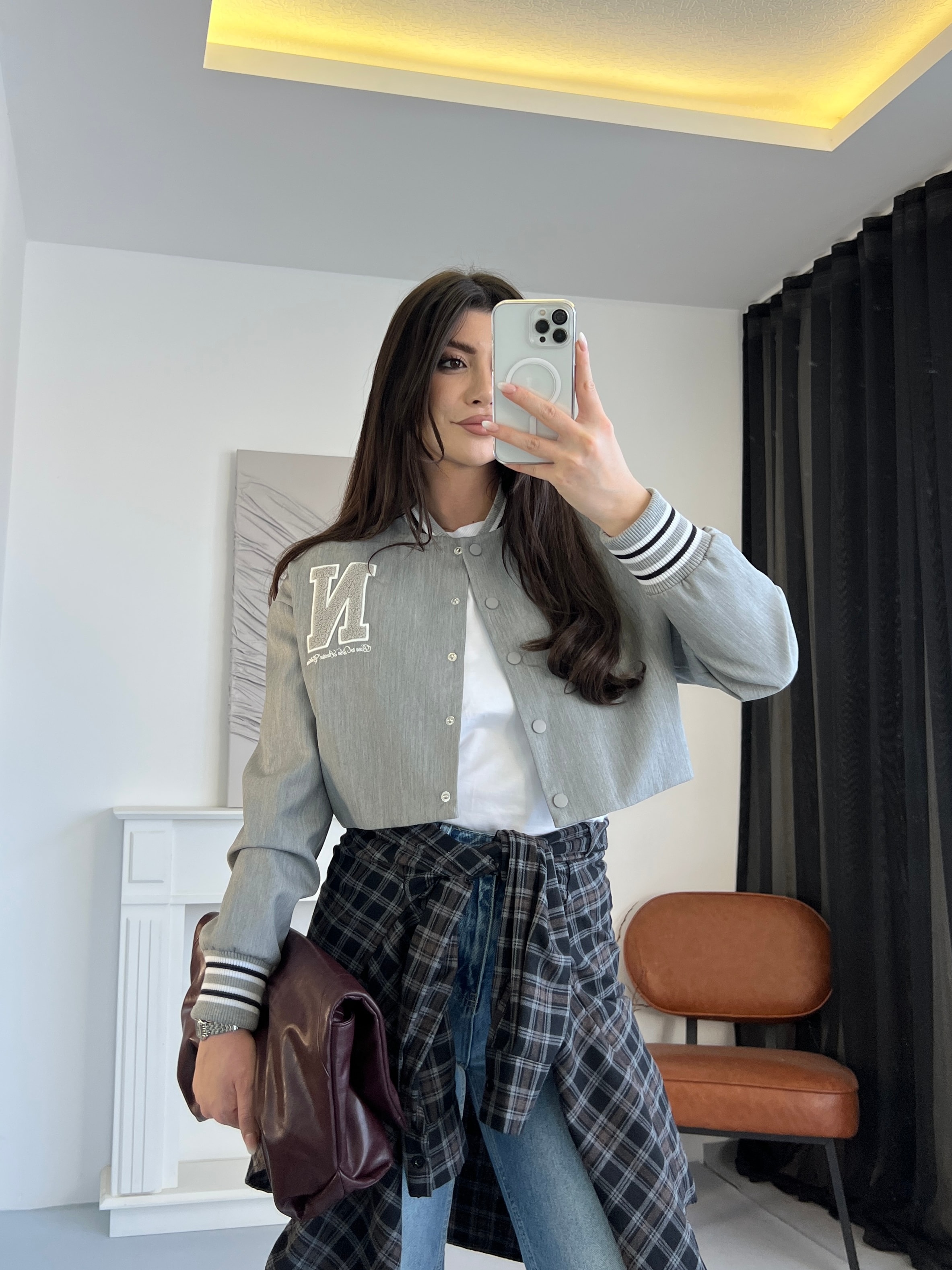 Harfli Gri Kolej Ceket