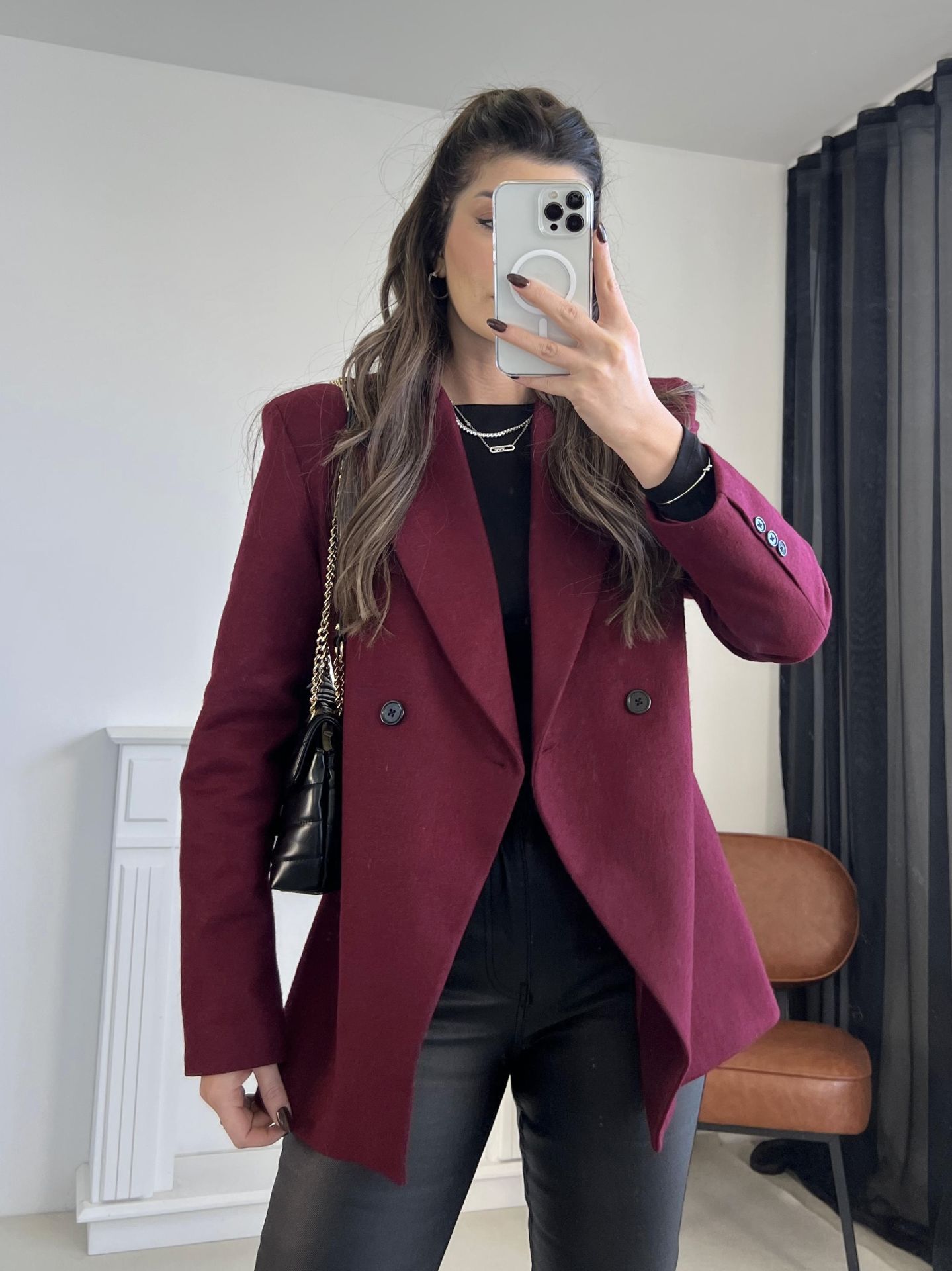 Bordo Asimetrik Kesim Kaşe Ceket
