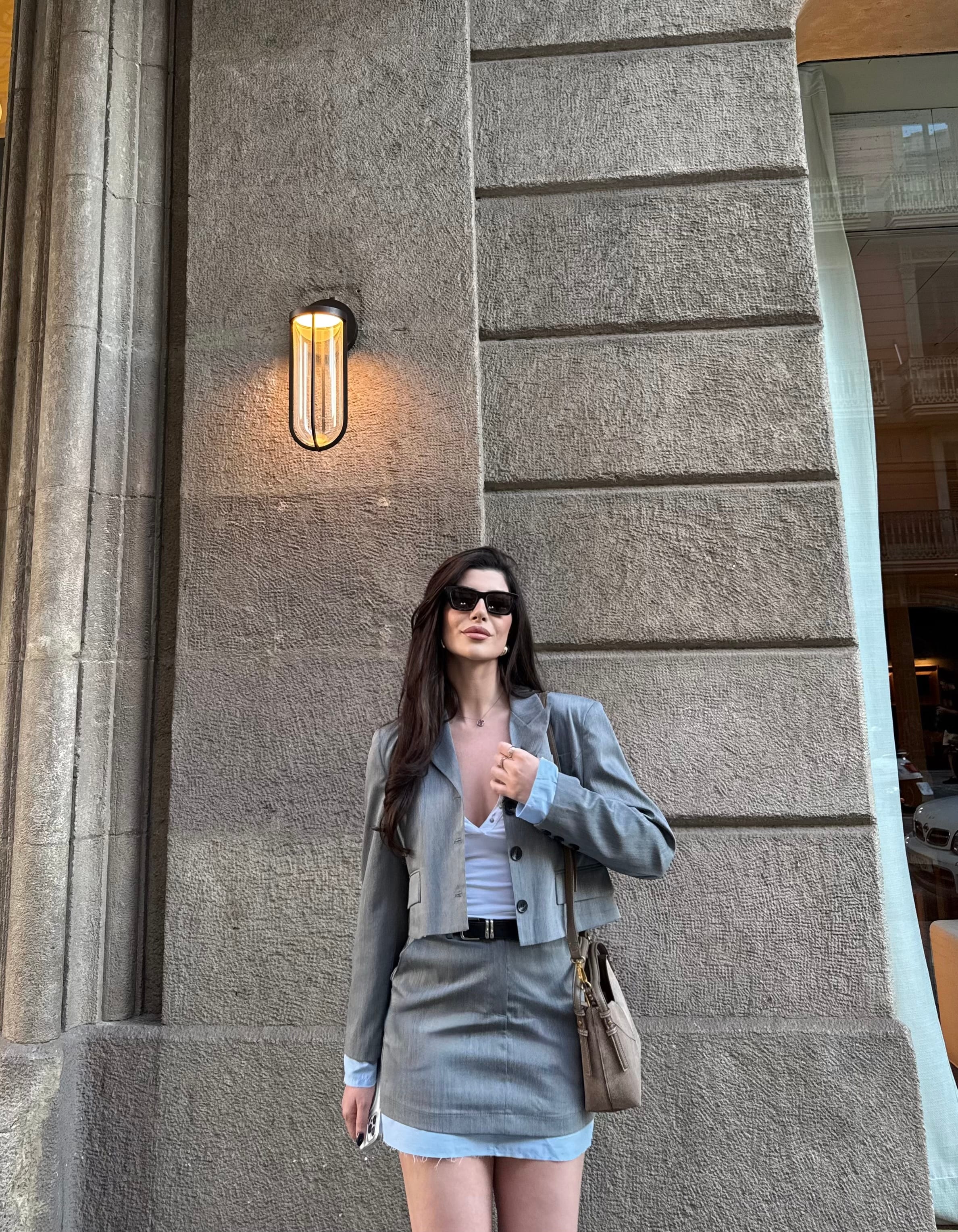 Kumaş Geçişli Gri Mini Blazer Ceket