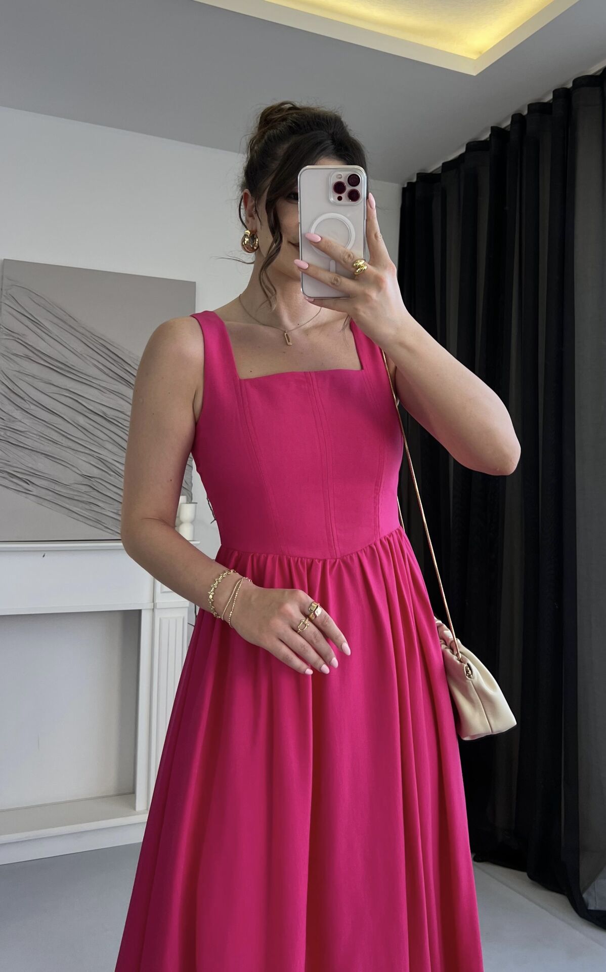 Kare Yaka Keten Volanlı Pembe Elbise
