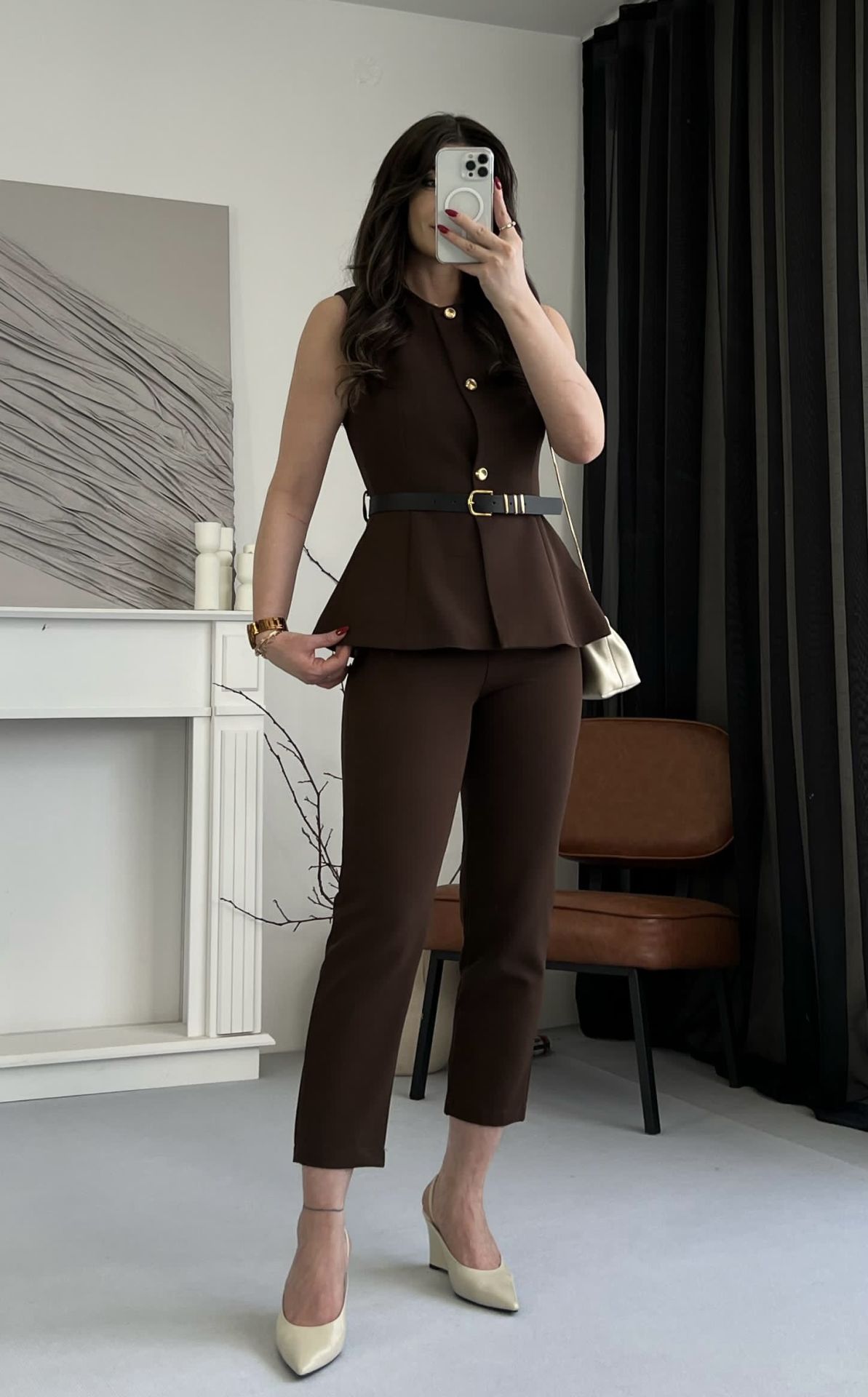 Kahve Gold Düğme Detay Yelek Pantolon Takım