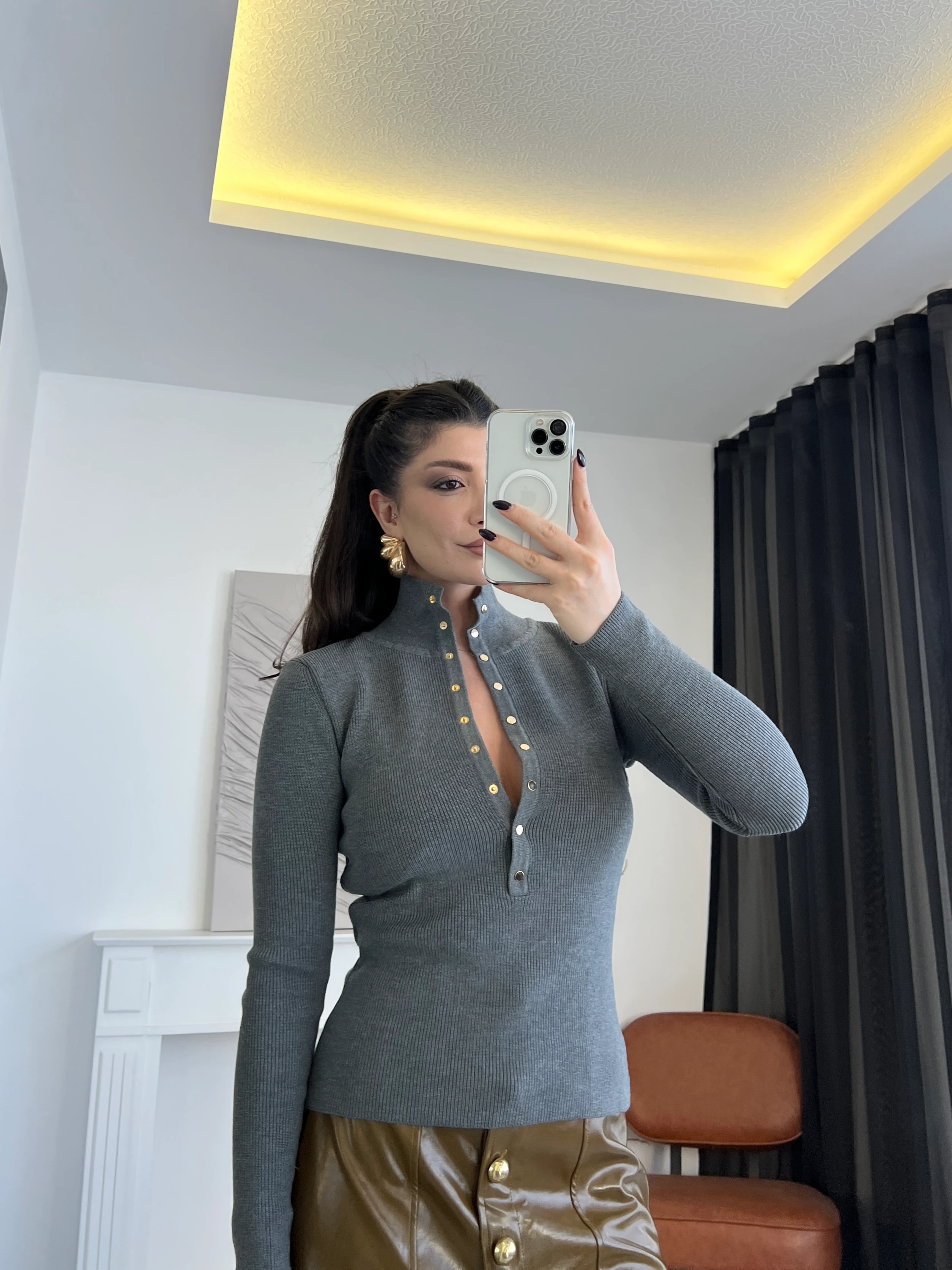 Drop Detaylı Triko Bluz - Gri