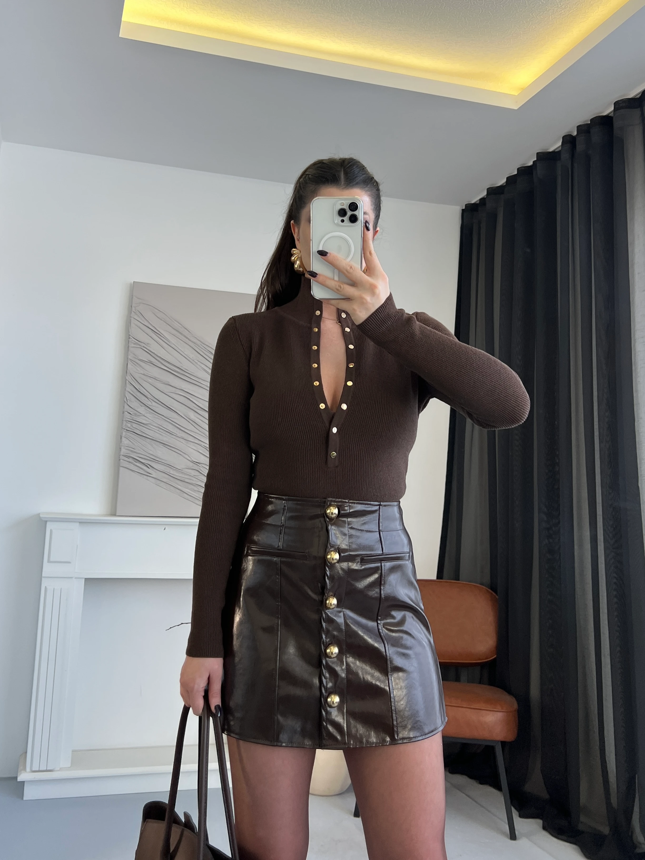 Drop Detaylı Triko Bluz - Kahverengi