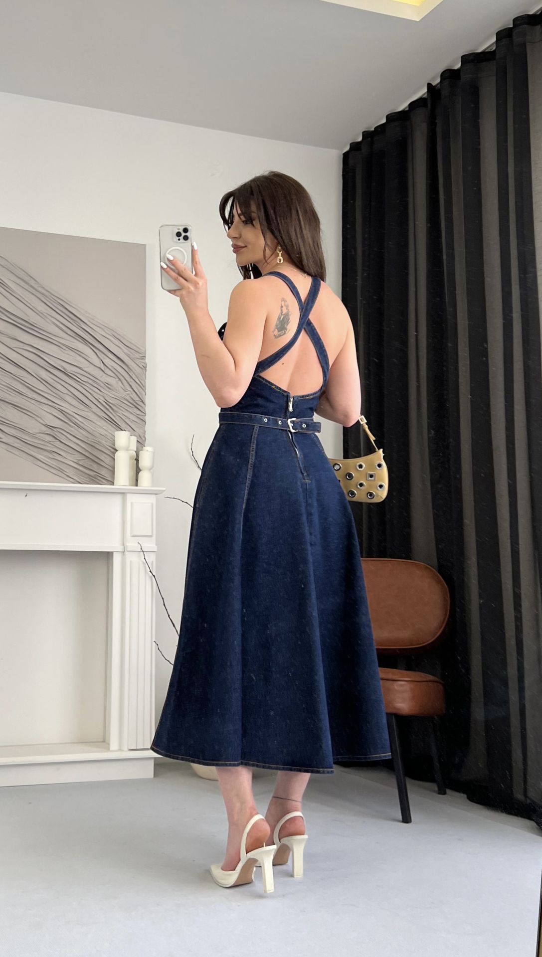 Askılı Jean Kemerli Midi Elbise