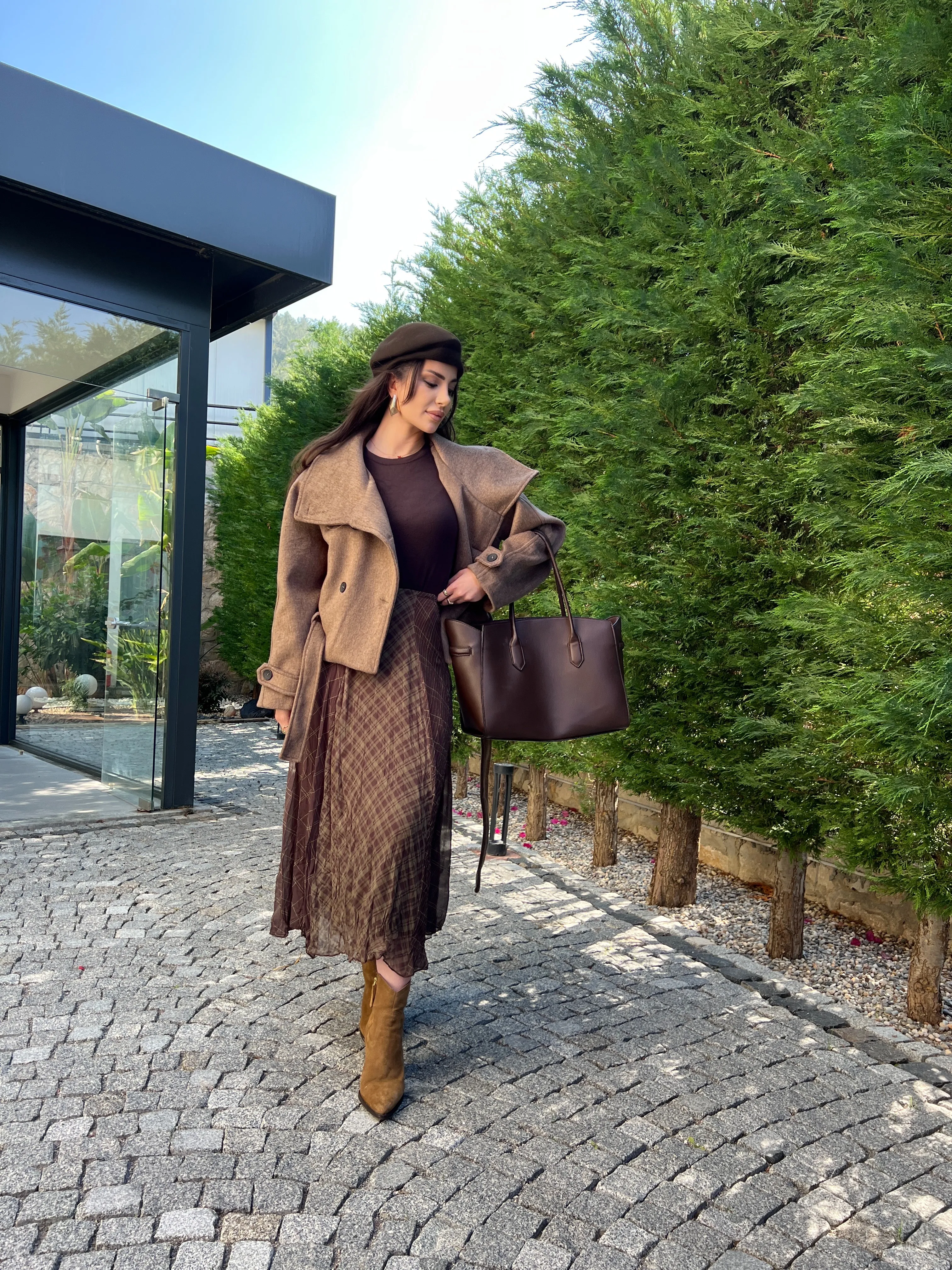 Ekose Desenli Midi Etek 