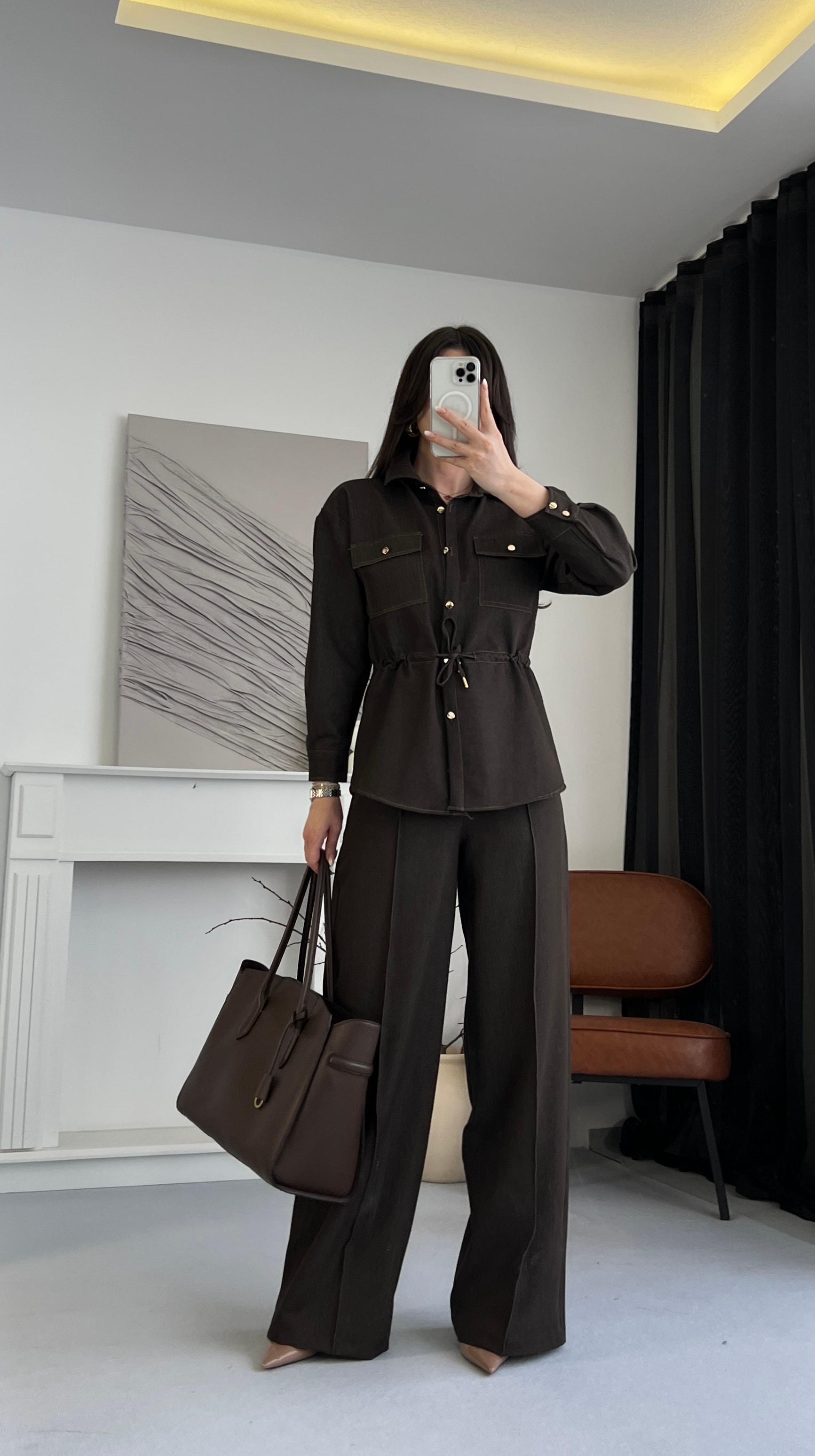 Düğme Detaylı Kuşaklı Takım