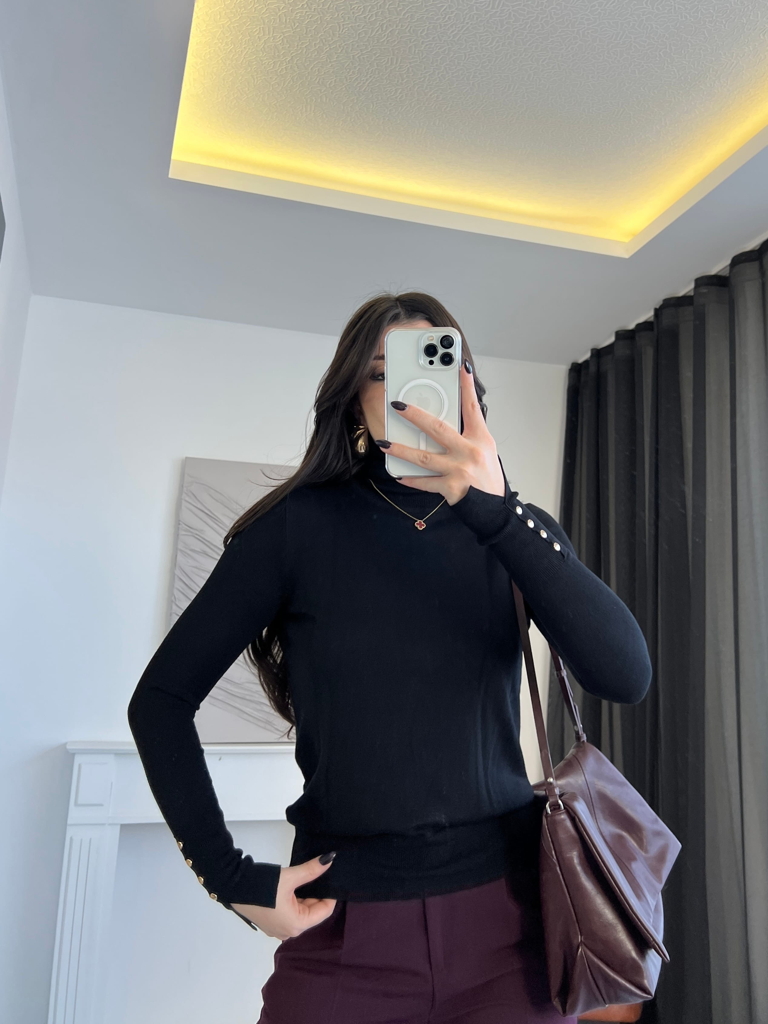 Droplu Balıkçı Yaka Triko Body - Siyah