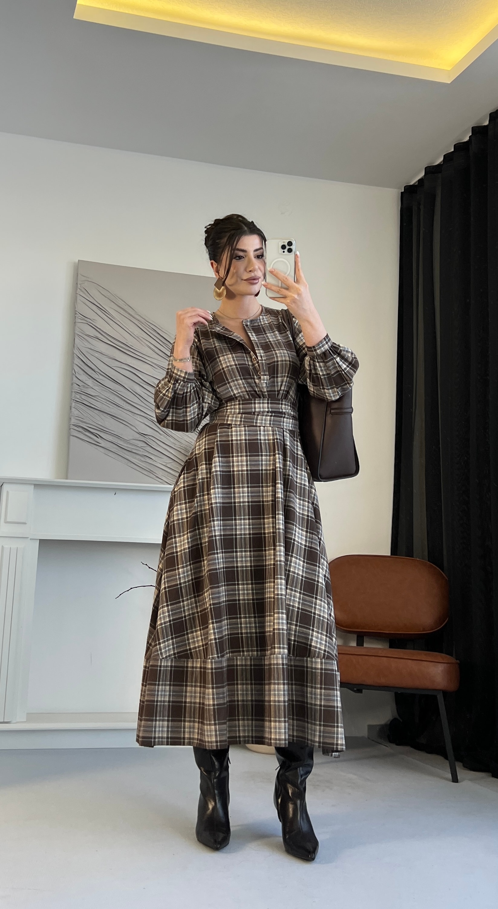 Ekose Kuşaklı Midi Elbise