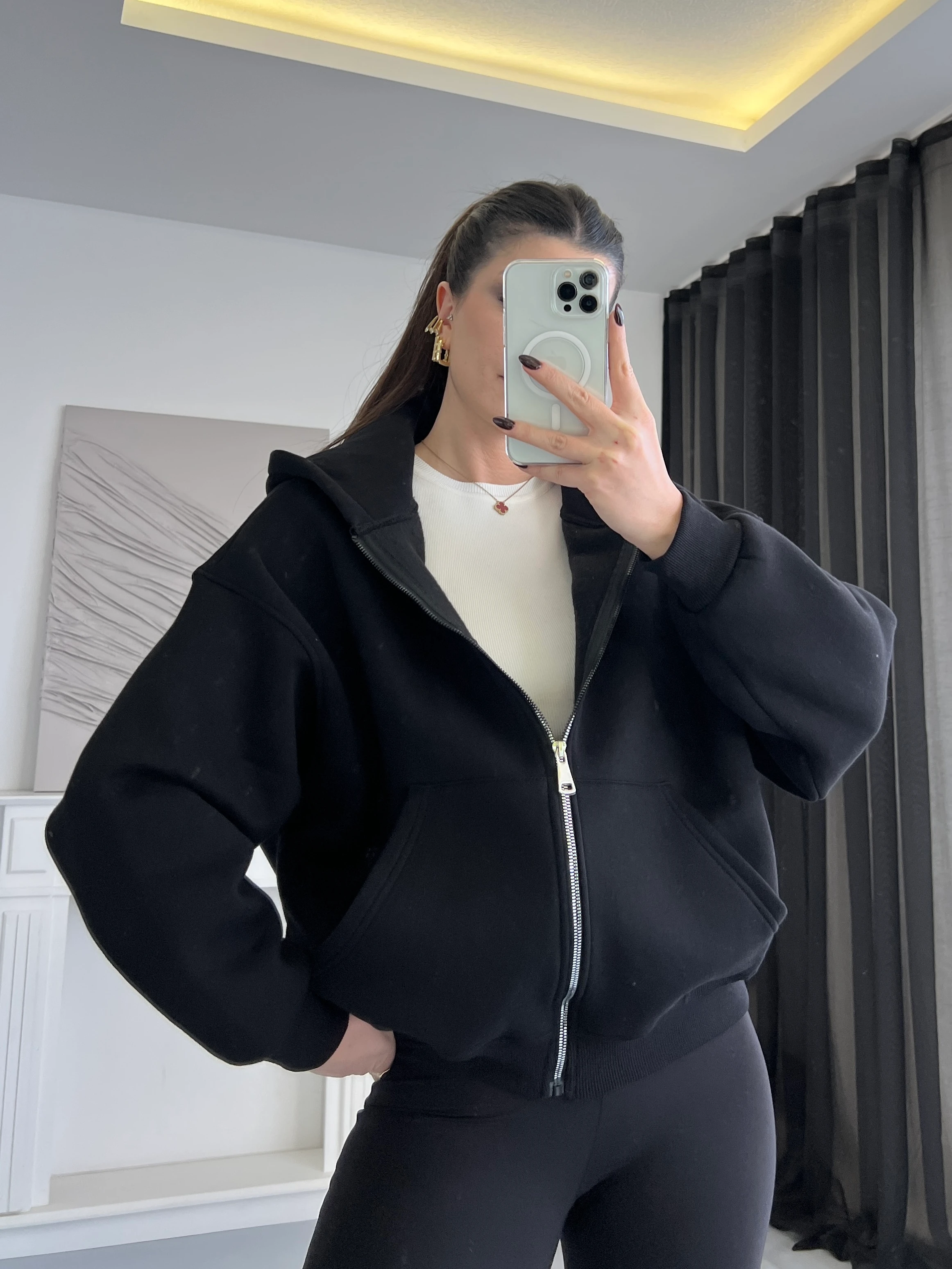 Basic Fermuarlı Kapüşonlu Ceket - Siyah