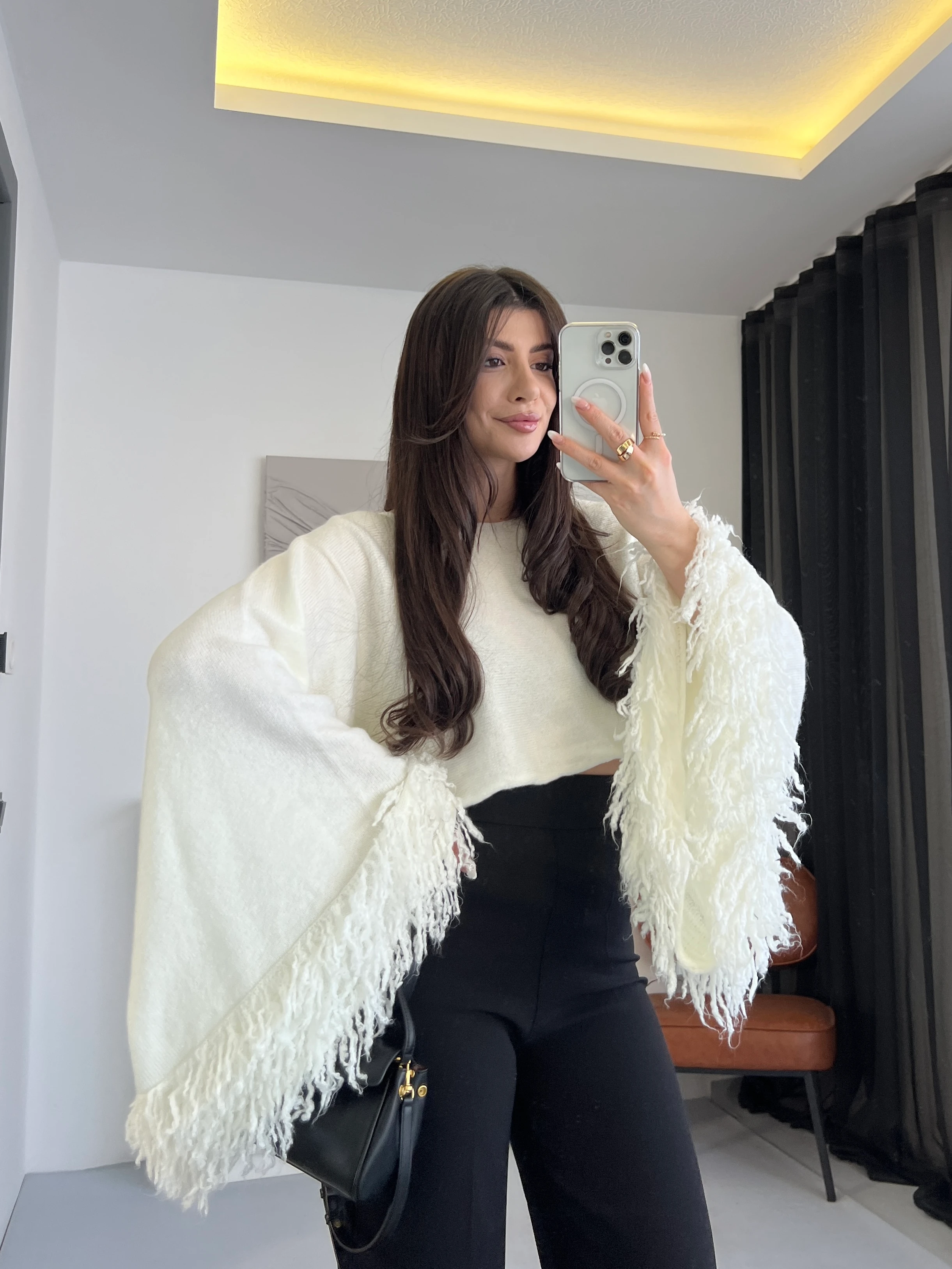 Püsküllü Panço Bluz - Krem