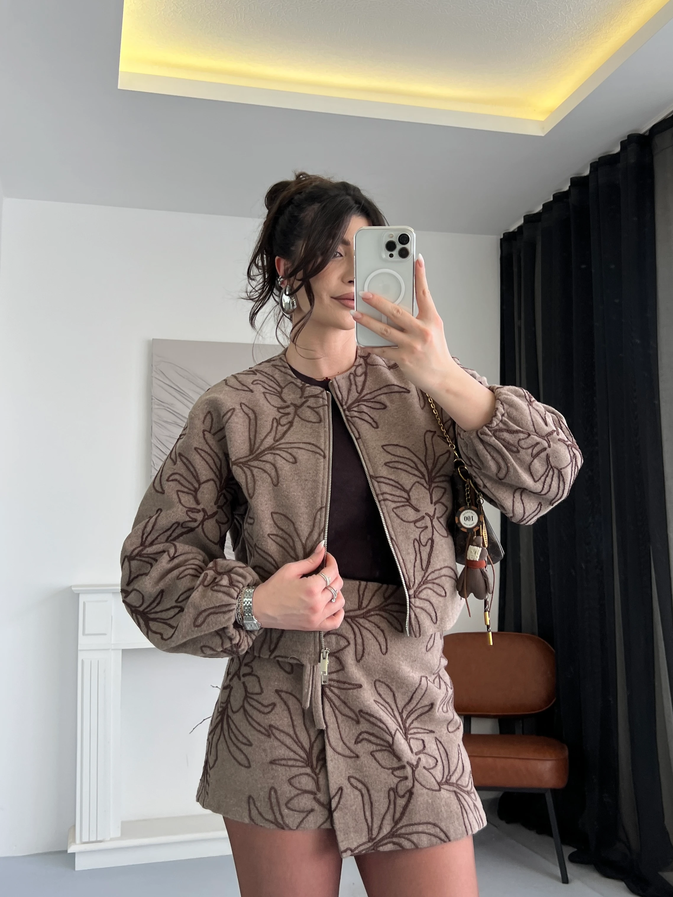 Desenli Fermuarlı Ceket