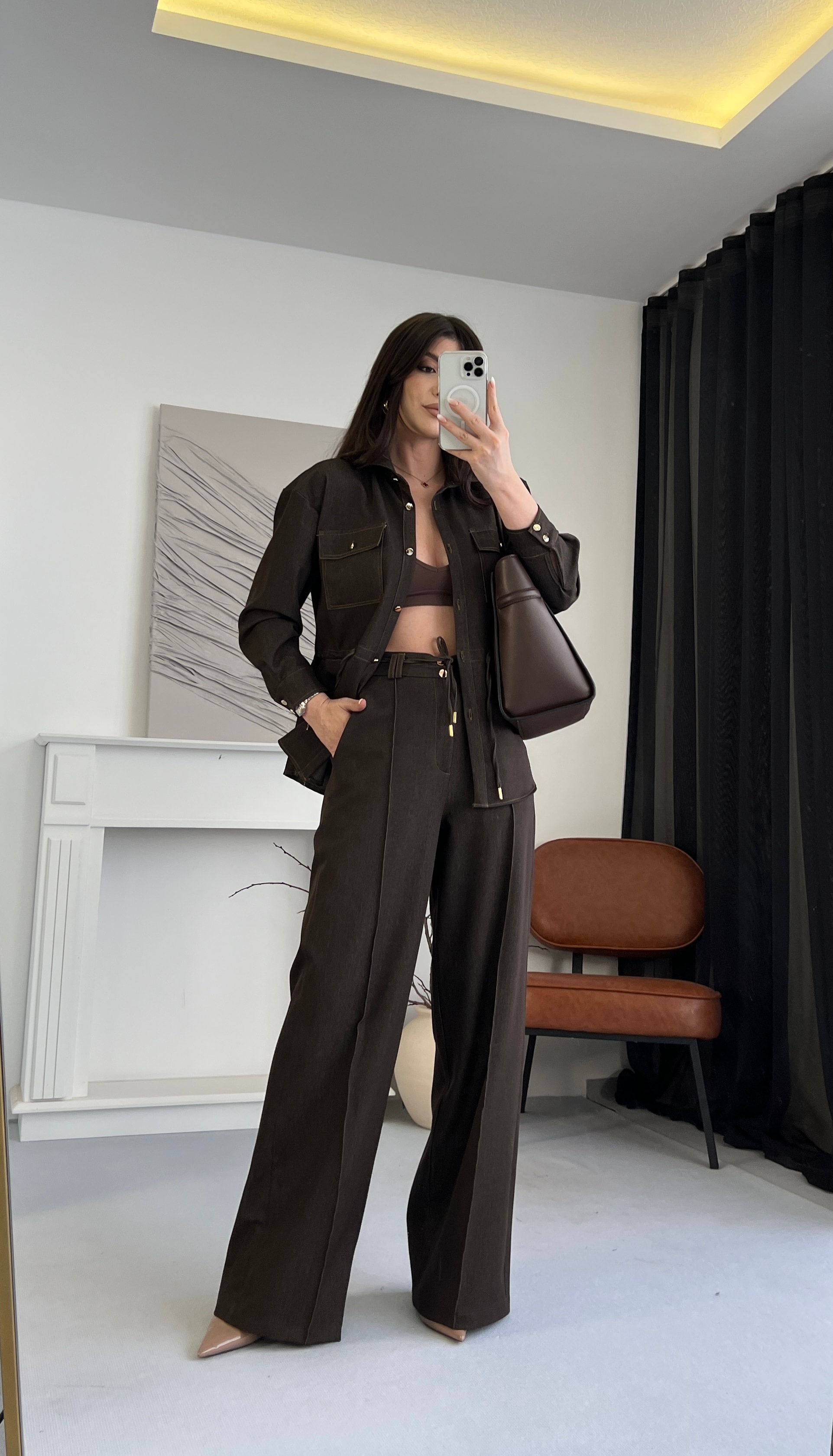 Düğme Detaylı Kuşaklı Takım