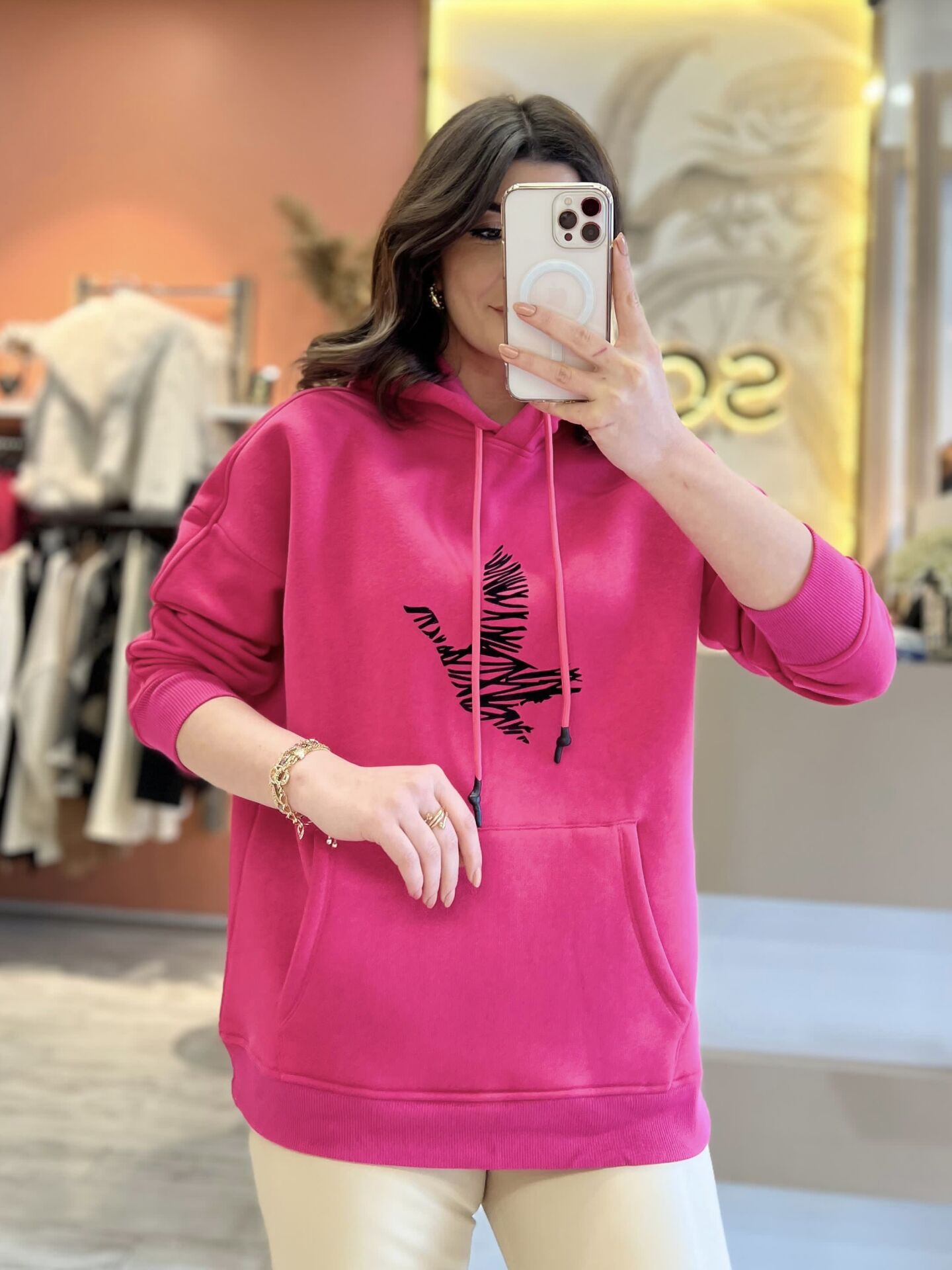 Pembe Kapüşonlu Logolu Sweatshirt