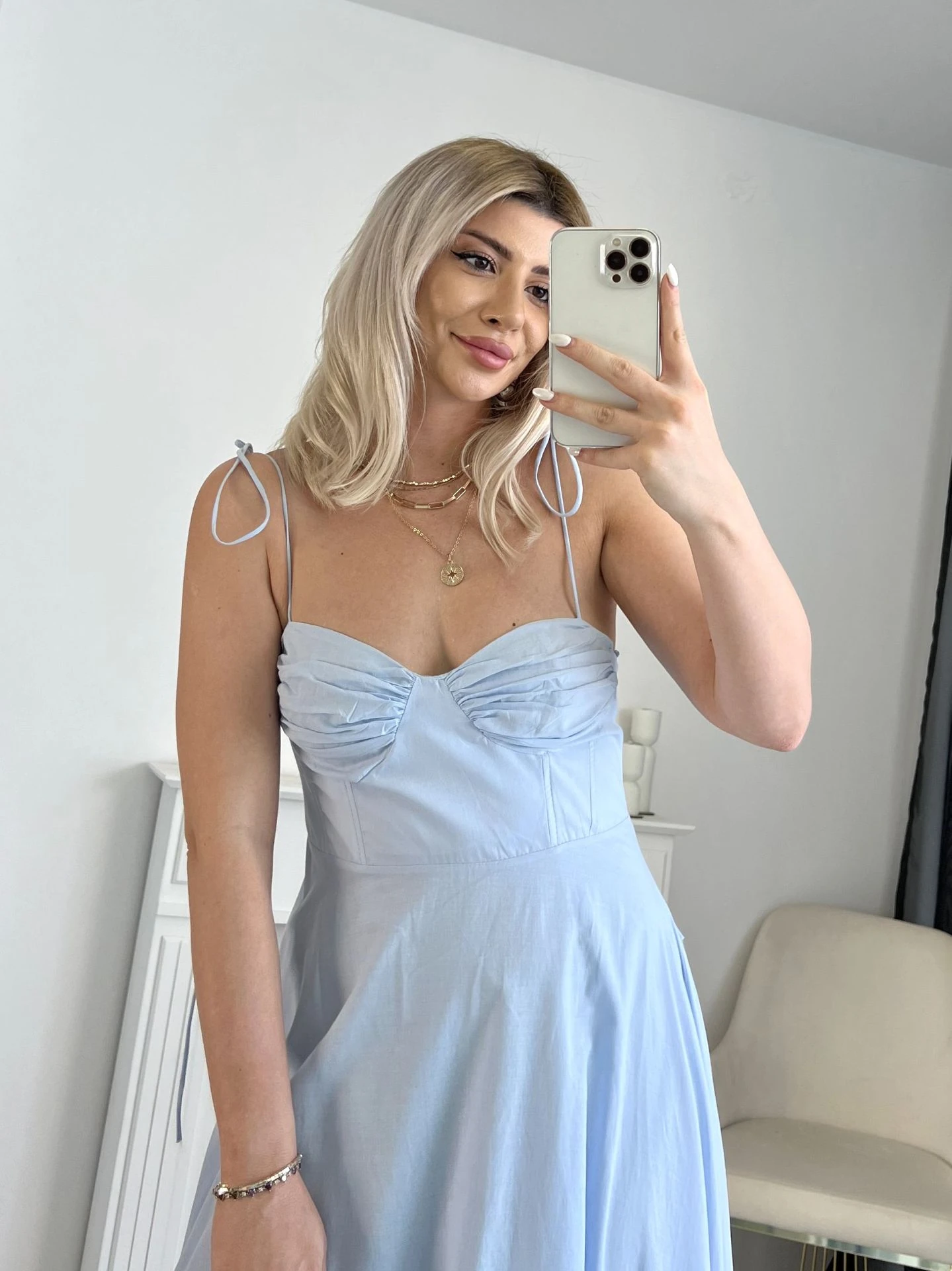 Bebe Mavi Fırfır Detay Askılı Maksi Elbise