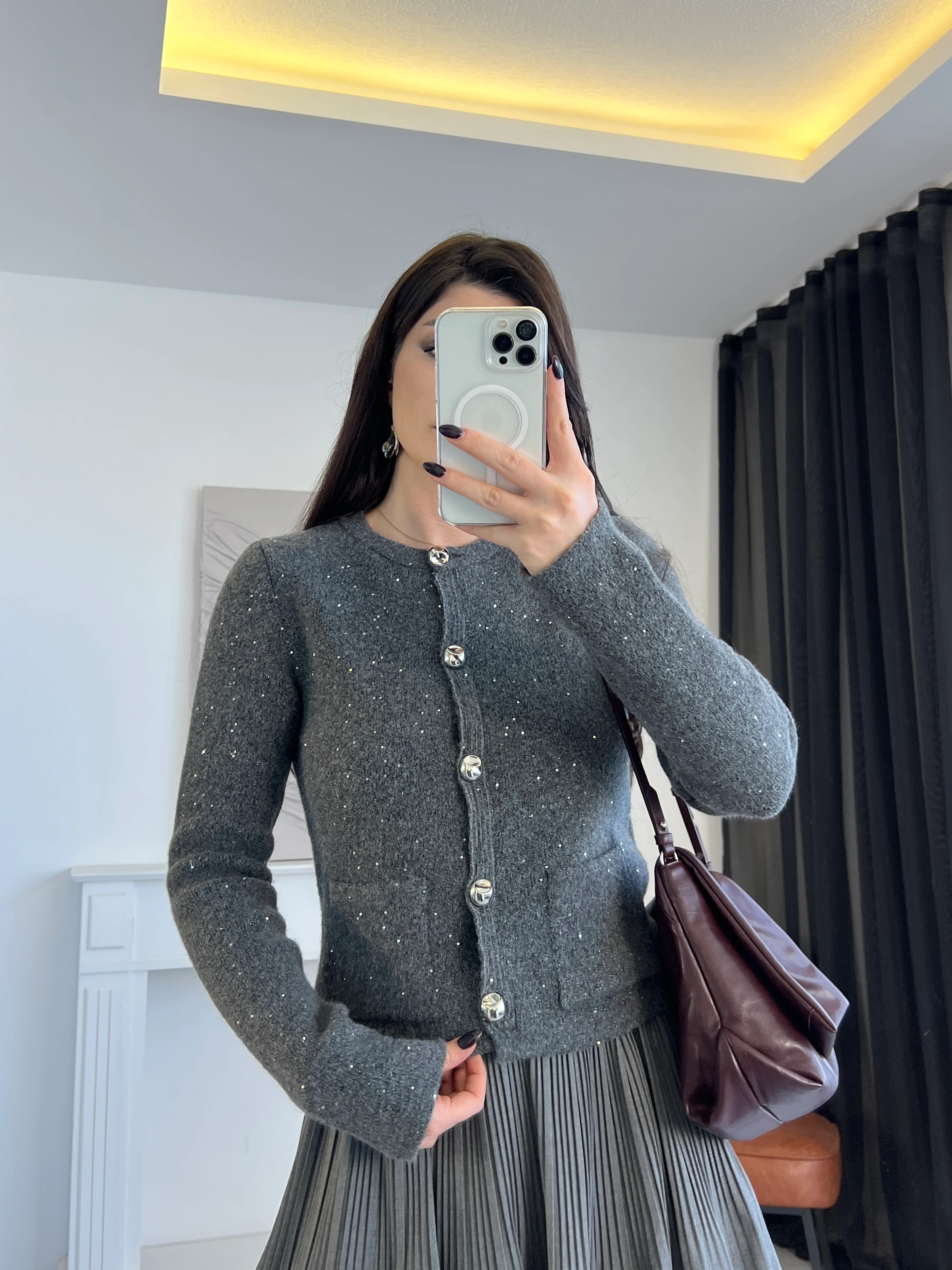 Pullu Simli Bisiklet Yaka Hırka - Antrasit