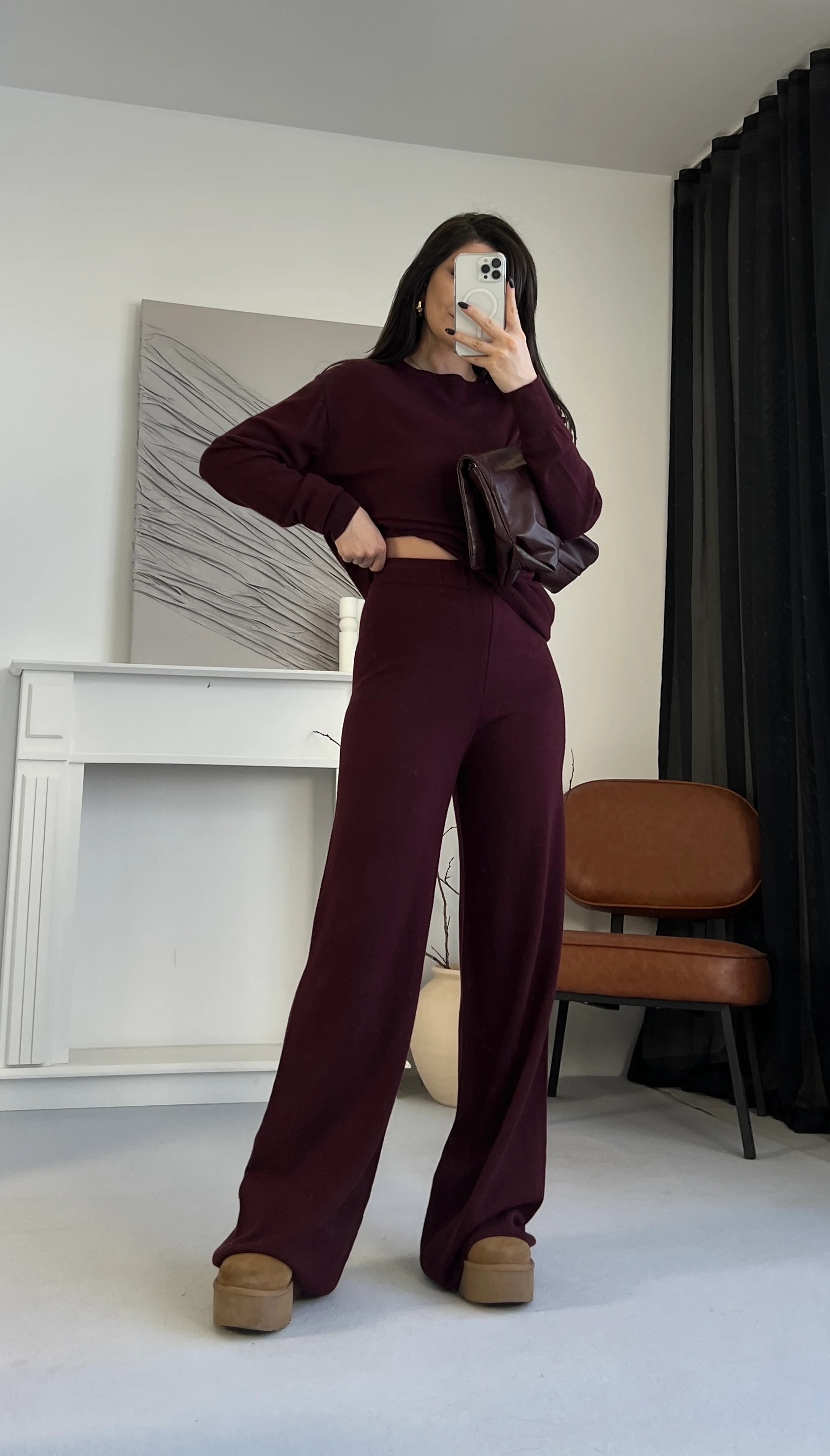 Ultra Yüksek Bel Triko Pantolon - Bordo