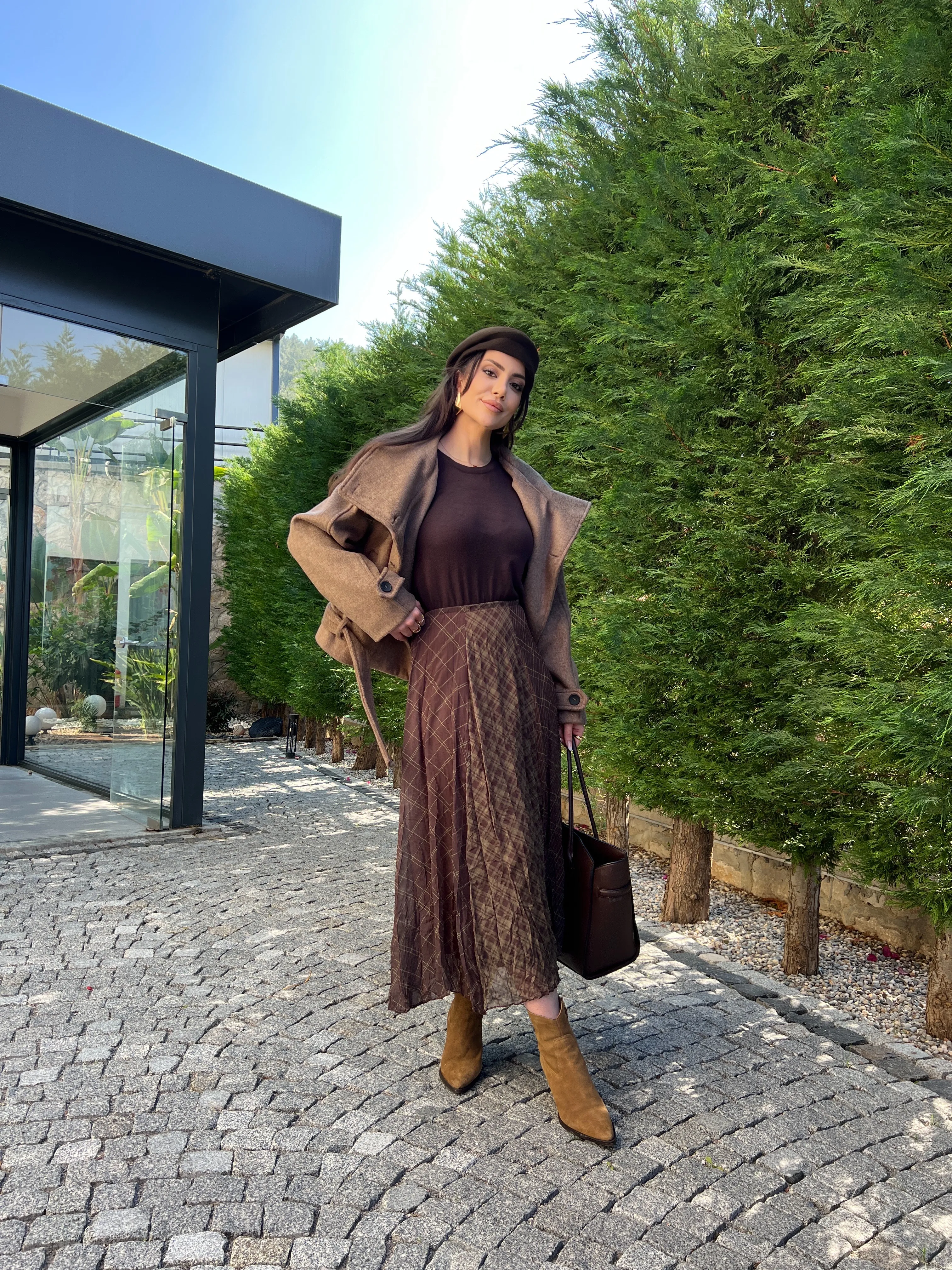 Ekose Desenli Midi Etek 