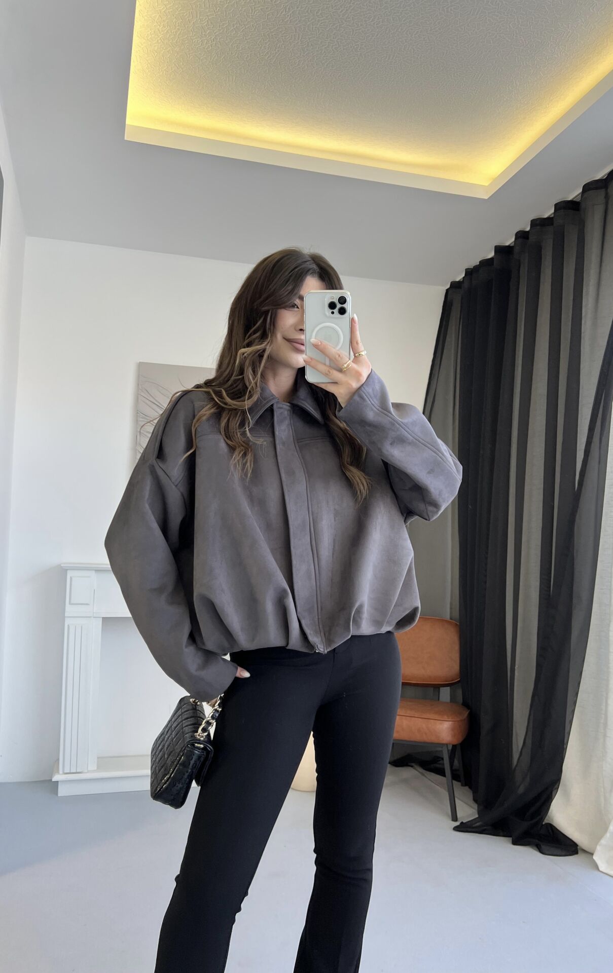 Nubuk Gri Bomber Ceket