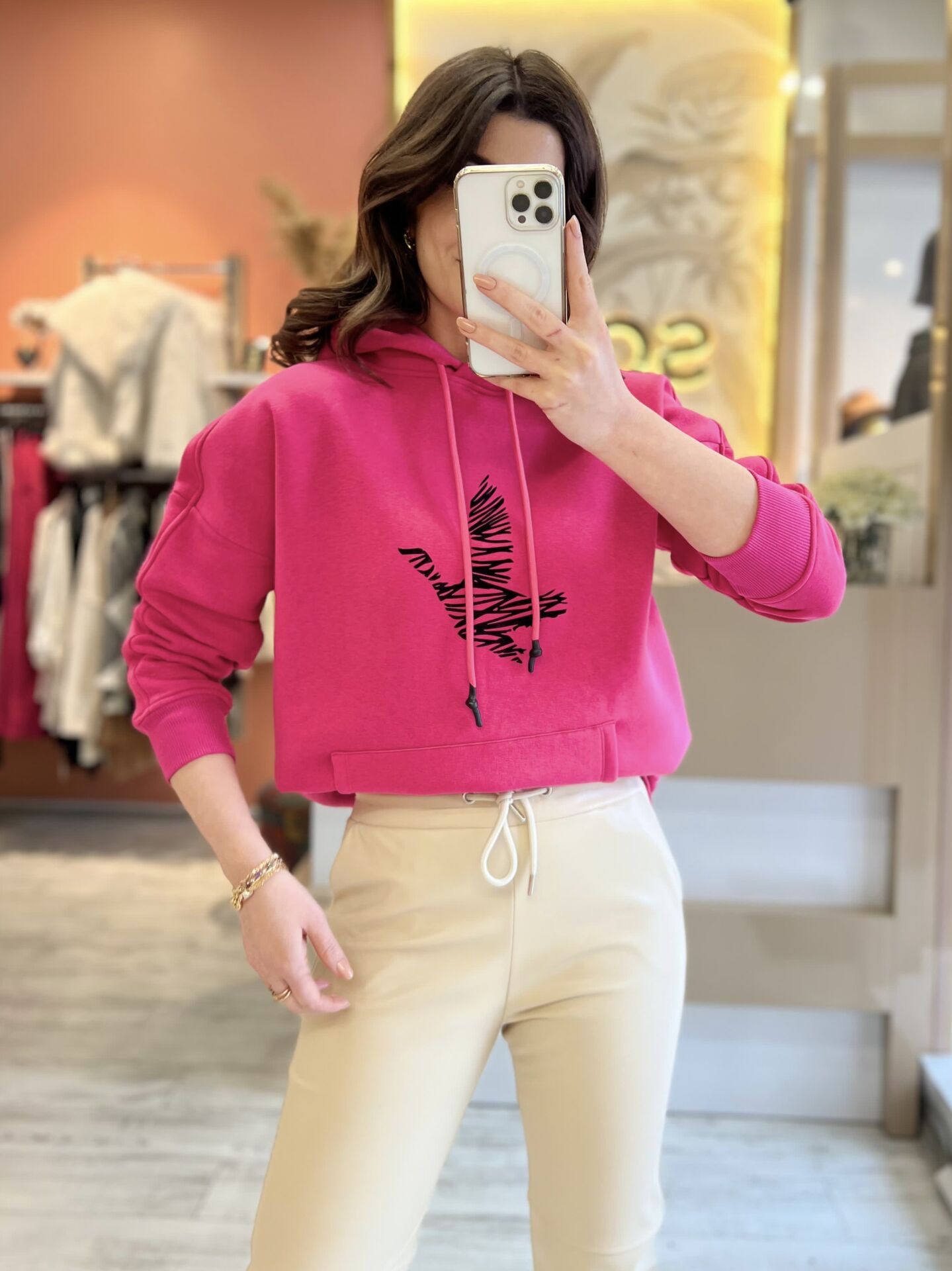 Pembe Kapüşonlu Logolu Sweatshirt