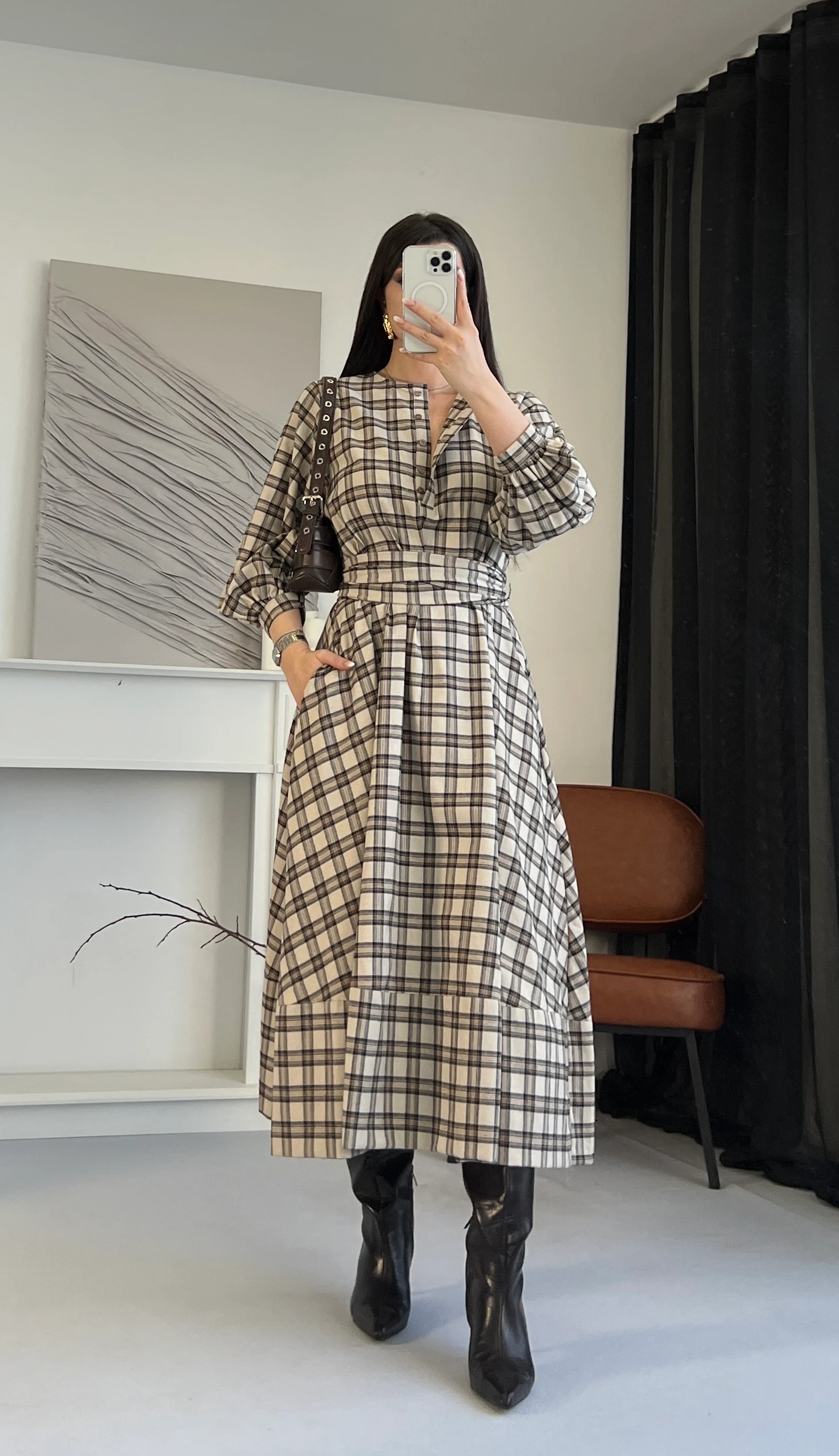 Ekose Desenli Kuşaklı Midi Elbise