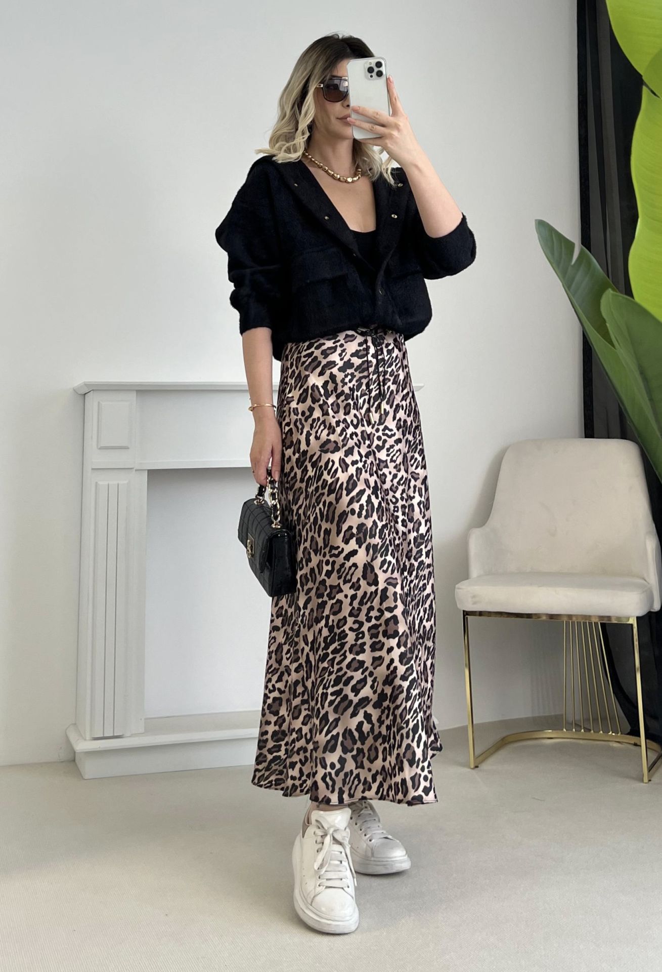 Leopar Desen Saten Etek