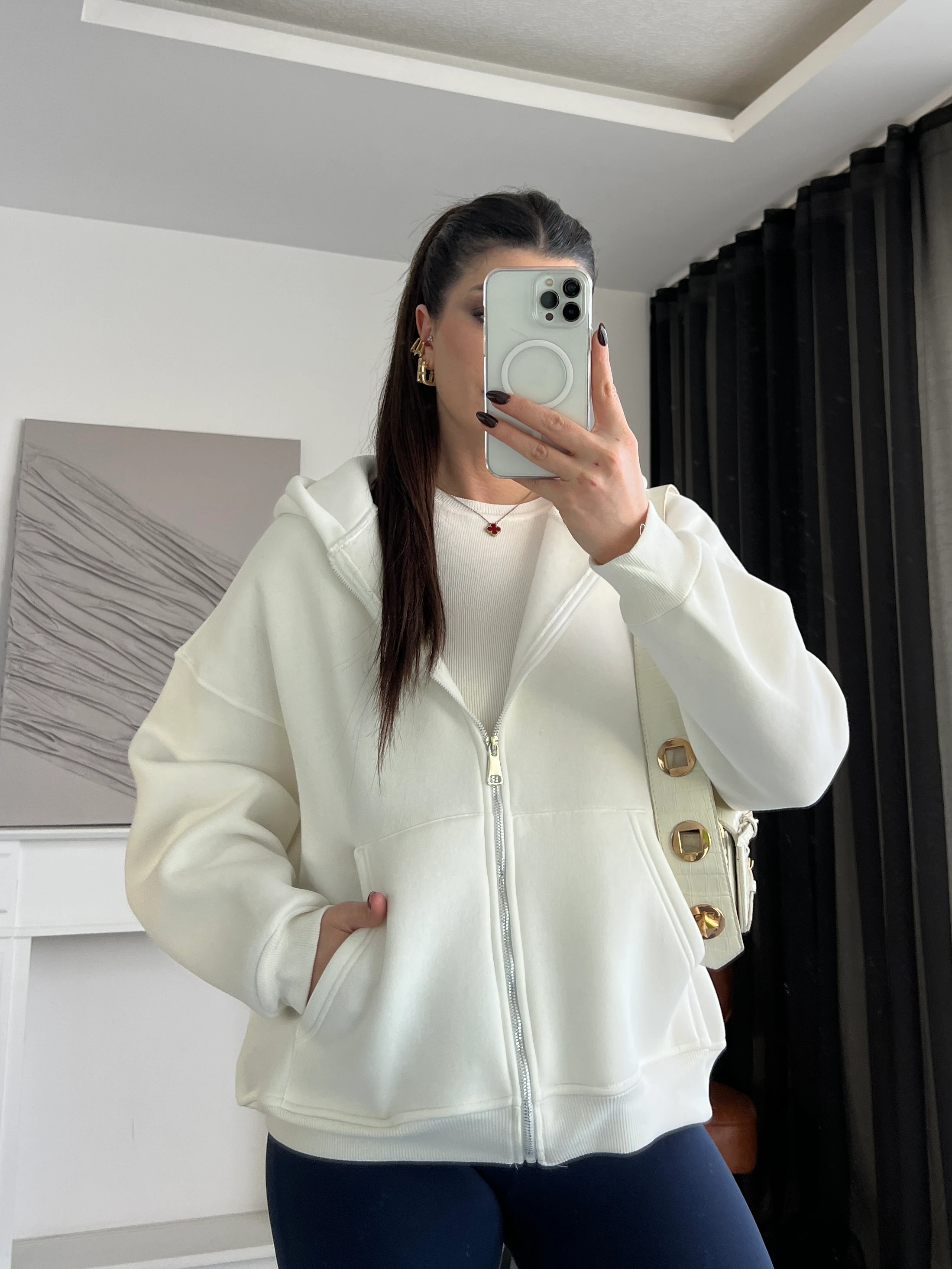 Basic Fermuarlı Kapüşonlu Ceket - Beyaz