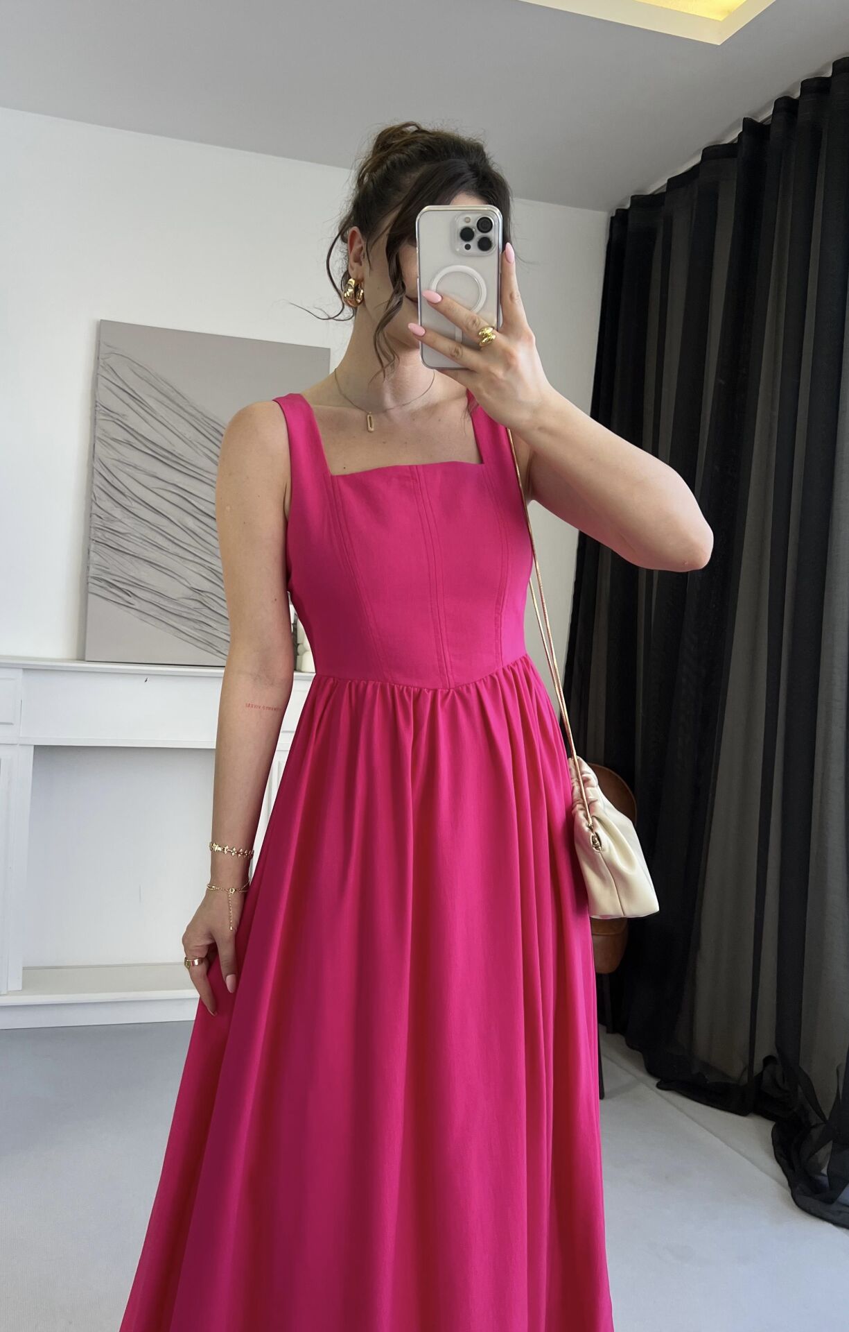 Kare Yaka Keten Volanlı Pembe Elbise