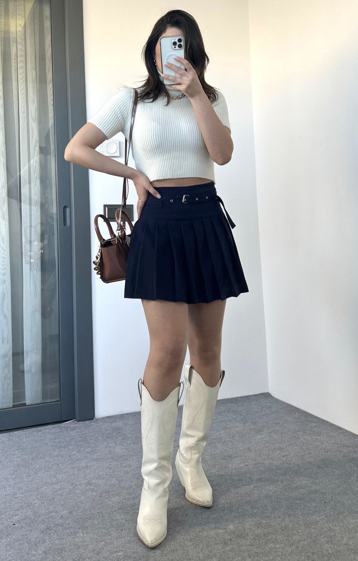 Lacivert Kemerli Pileli Şort Etek