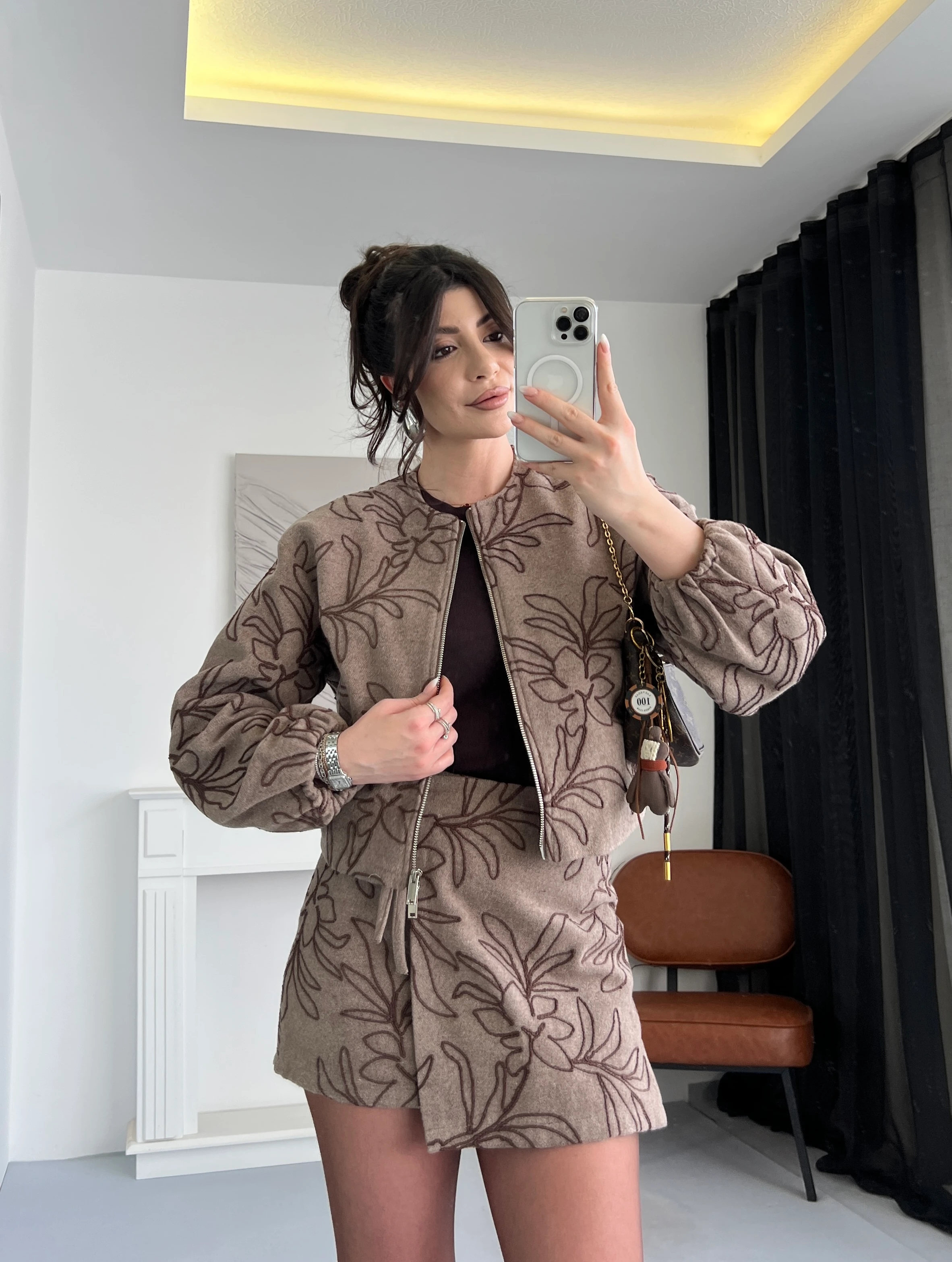 Desenli Fermuarlı Ceket