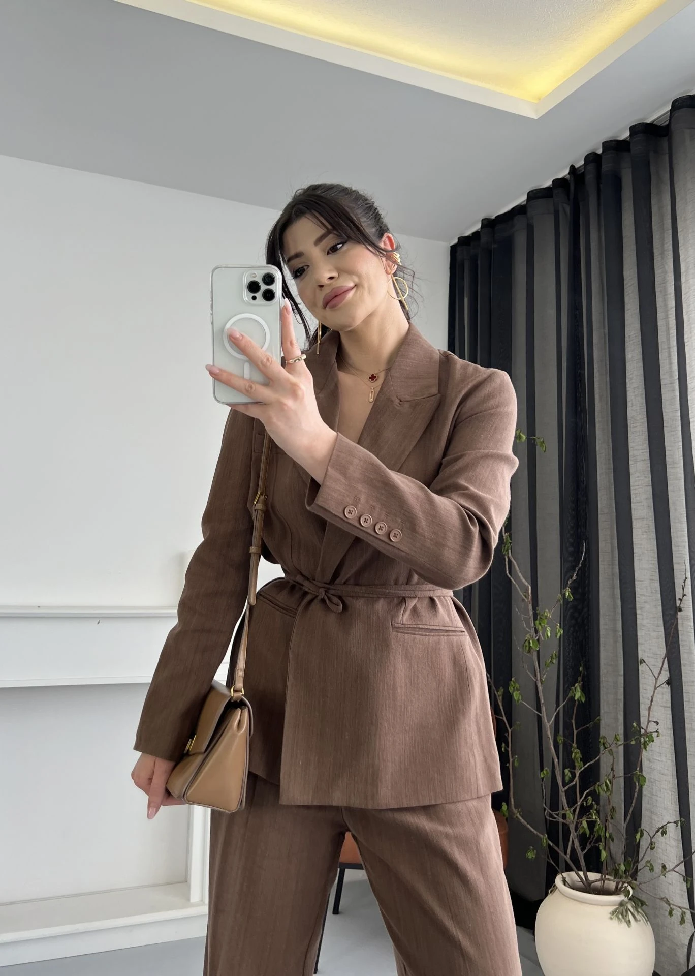 %100 Keten Kahve Keten Takım