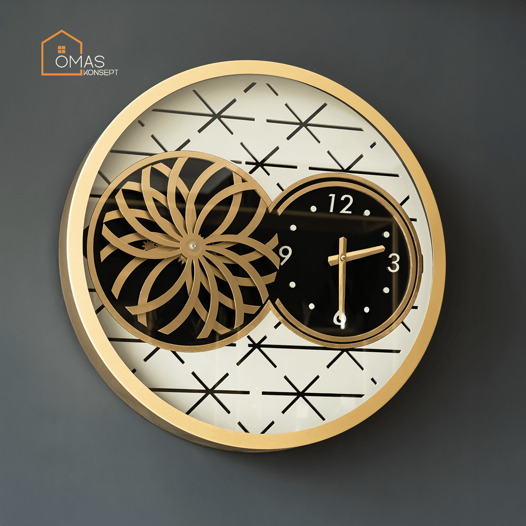 60 CM Metal Gold-Krem Örüntülü Pervane Çarklı Camlı Duvar Saati,Metal Salon Ofis Duvar Saati