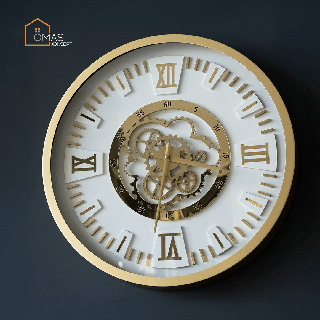 60 CM Metal Gold-Beyaz Çarklı Duvar Saati,Ev Ofis Metal Duvar Saati