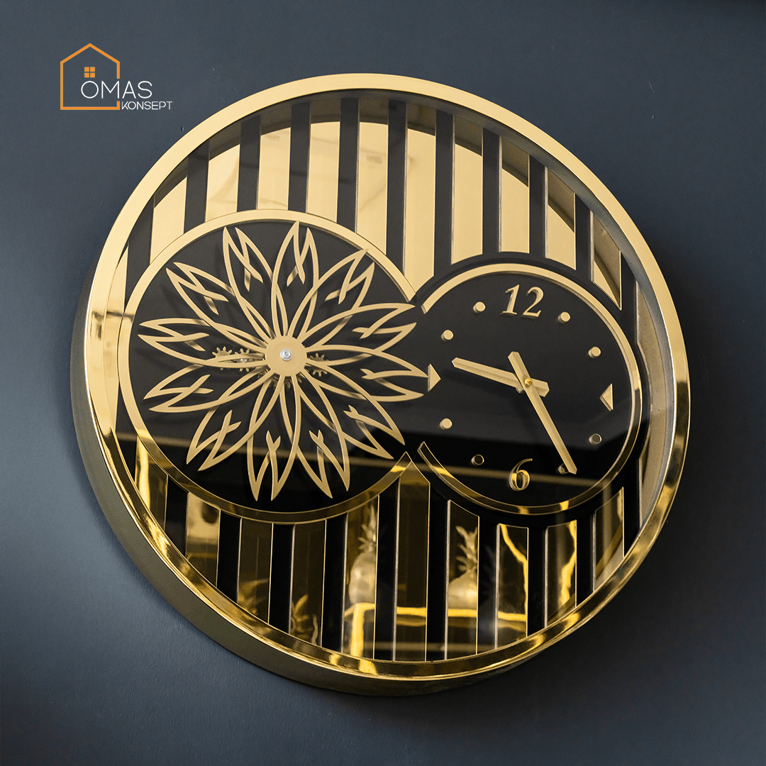 60 CM Metal Parlak Gold Örüntülü Pervane Çarklı Camlı Duvar Saati,Metal Salon Ofis Duvar Saati