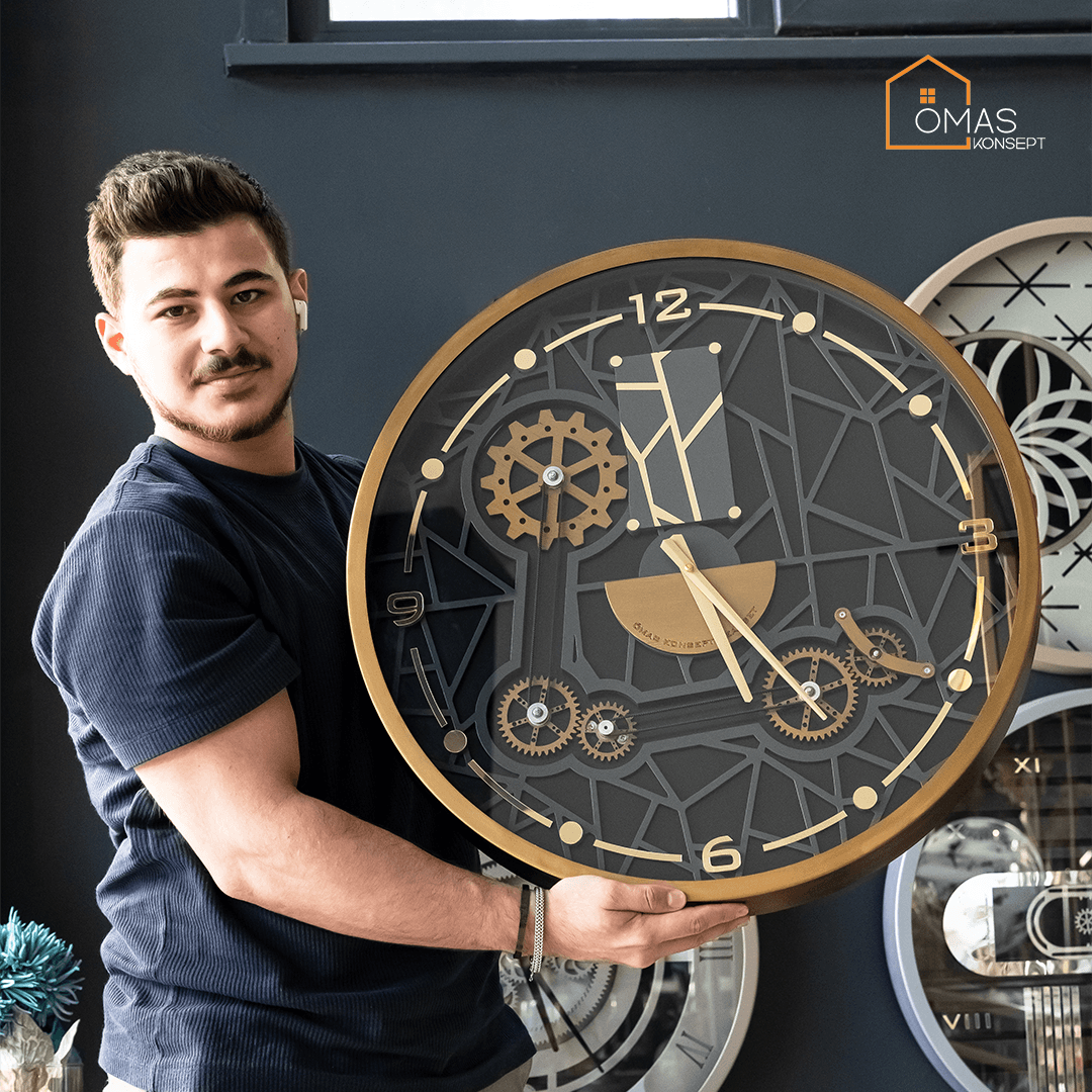 60 CM Akıllı Şarjlı Metal Eskitme Gold-Antrasit Mekanik Kayışlı Çarklı Camlı Duvar Saati,Metal Salon Ofis Duvar Saati