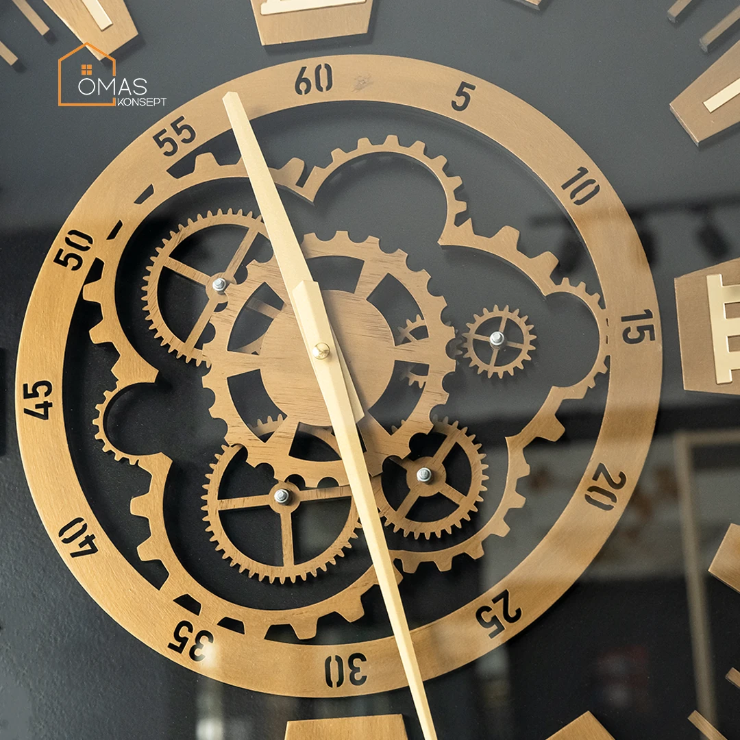 60 CM Metal Eskitme-Gold Çarklı Duvar Saati,Ev Ofis Metal Duvar Saati