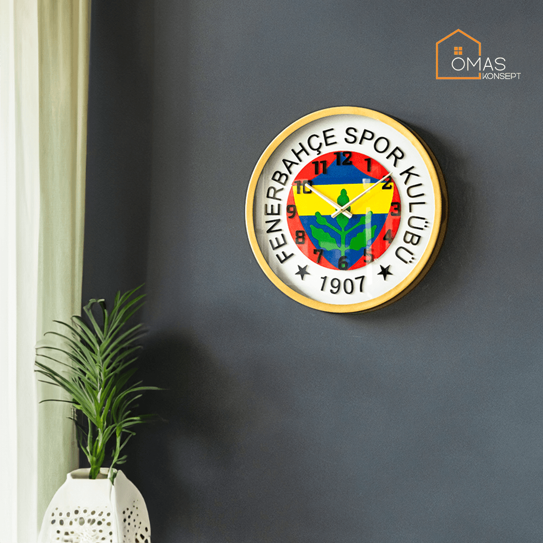 60 CM Gold Metal FENERBAHÇE Camlı Premium Duvar Saati,Metal Camlı Ev Ofis Duvar Saati