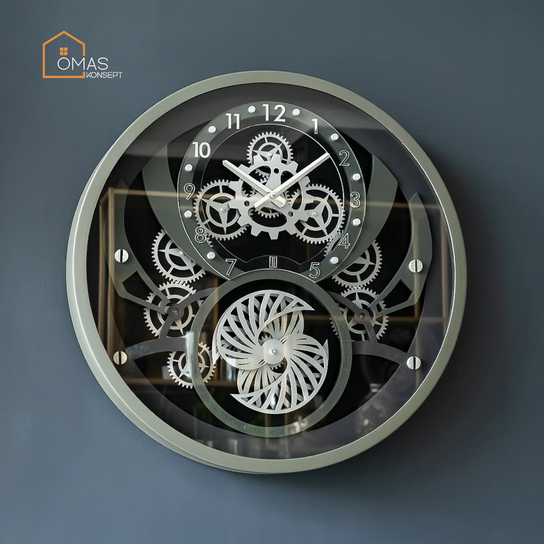 60 CM Metal Hâki-Gümüş-Antrasit Örüntülü Pervane Çarklı Camlı Duvar Saati,Metal Salon Ofis Duvar Saati