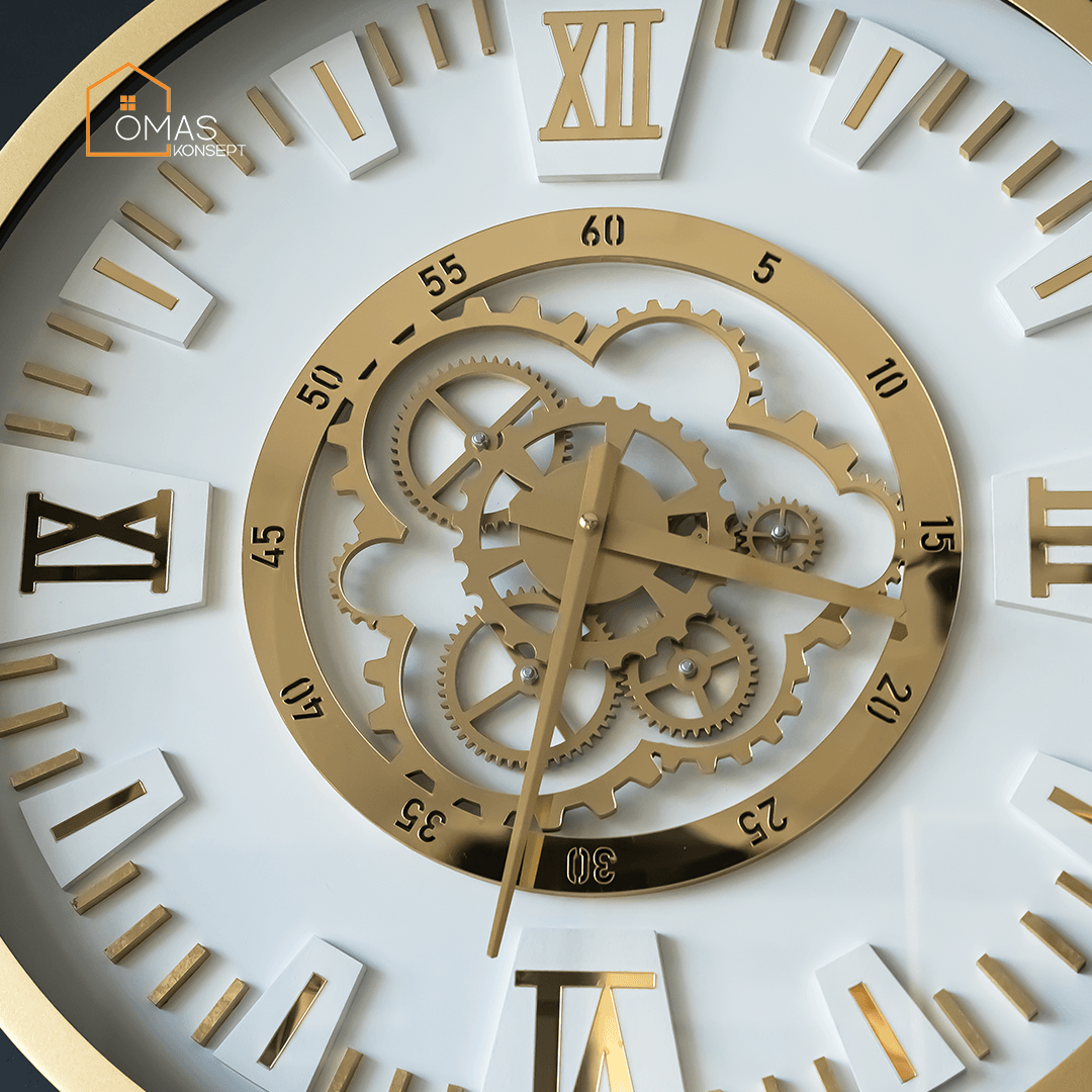 60 CM Metal Gold-Beyaz Çarklı Duvar Saati,Ev Ofis Metal Duvar Saati
