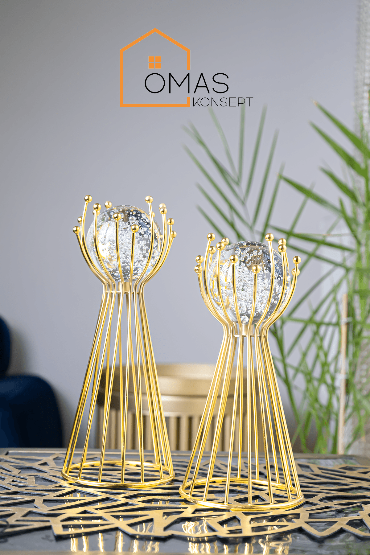 Gold Premium 2'Li Metal Ayaklı Cam Küre Ev Aksesuar ve Dekorasyon Seti
