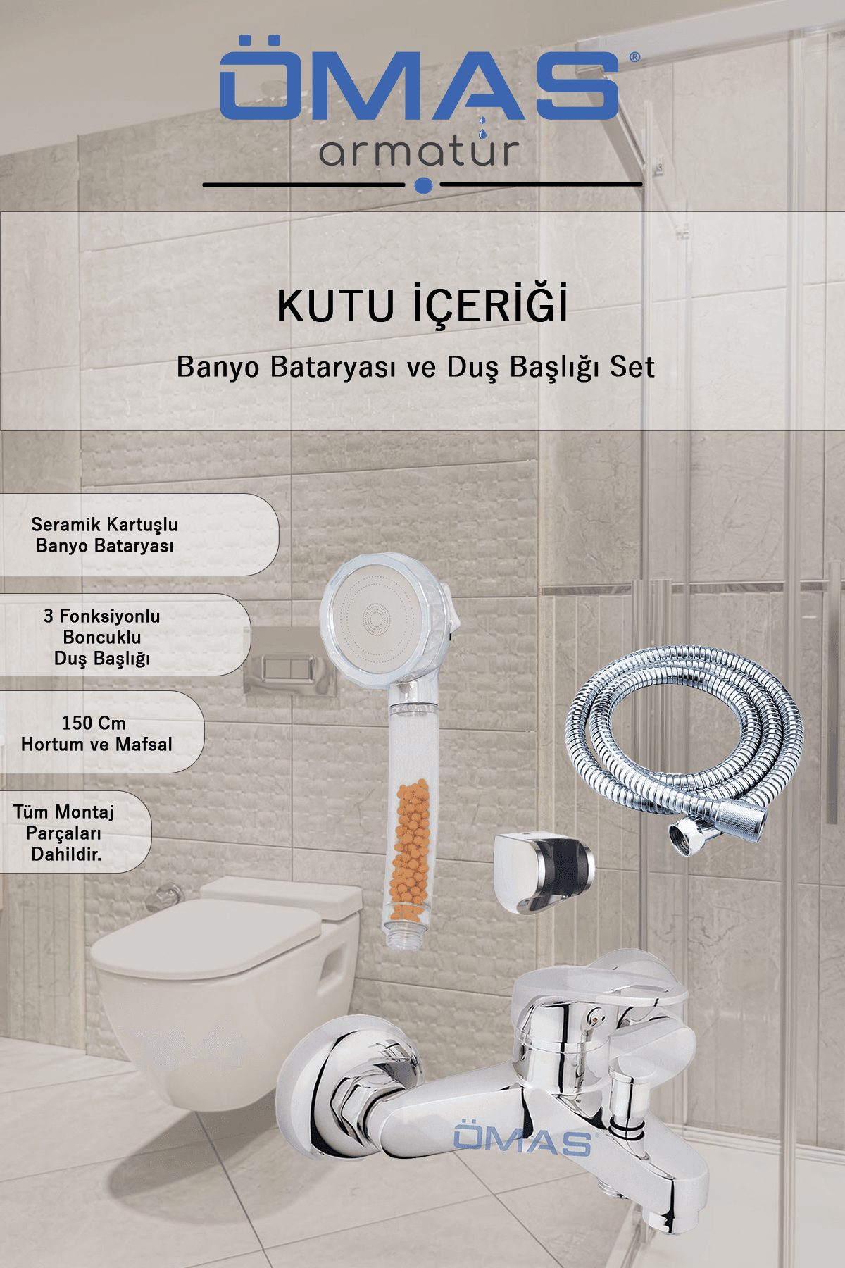 3 Fonksiyonlu Boncuklu Filtreli Banyo Bataryası, Boncuklu Su Tasarruflu Filtreli Duş Başlığı Seti